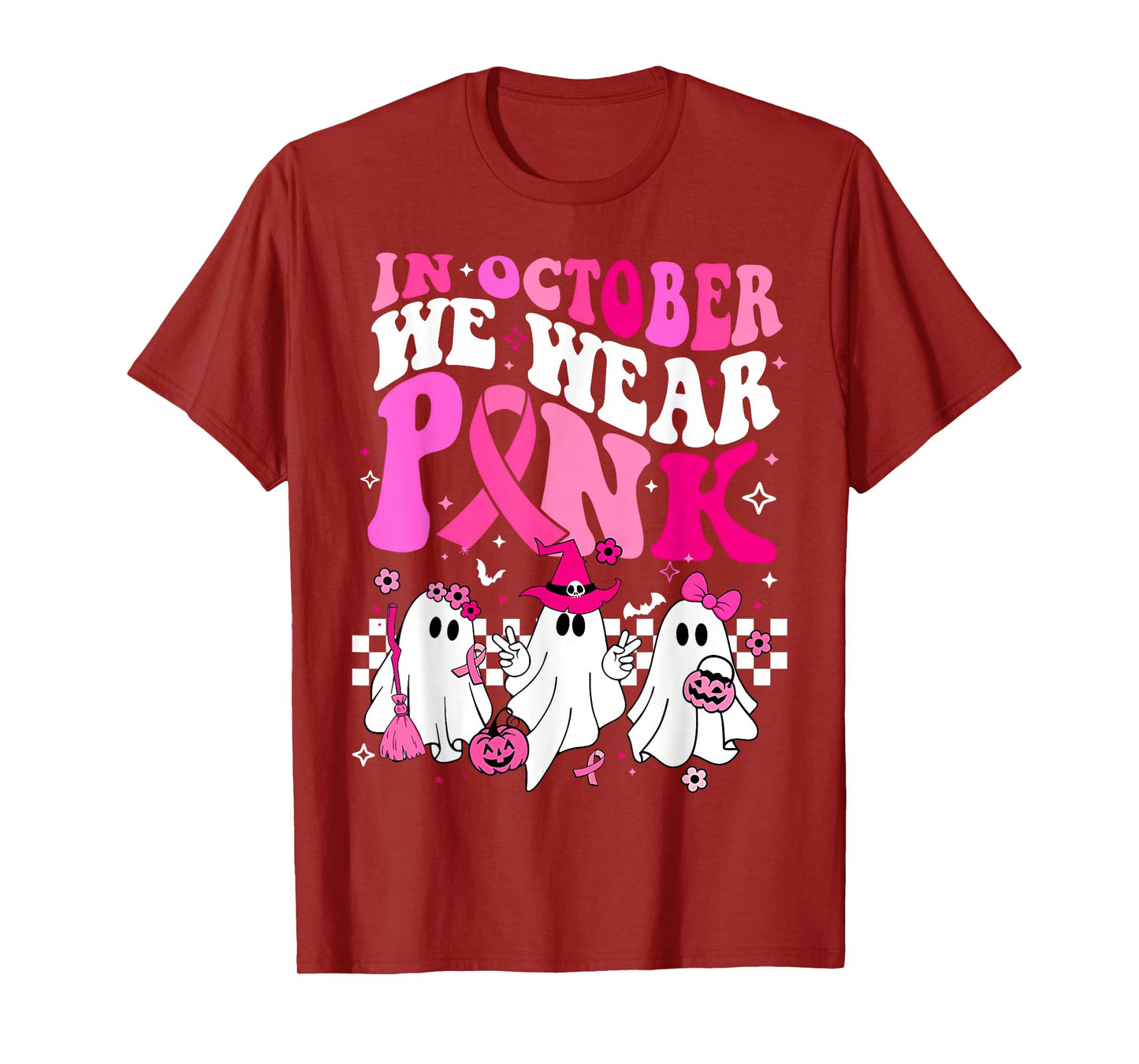 in October We Wear Pink Ghost Breast Cancer Awareness T-Shirt
