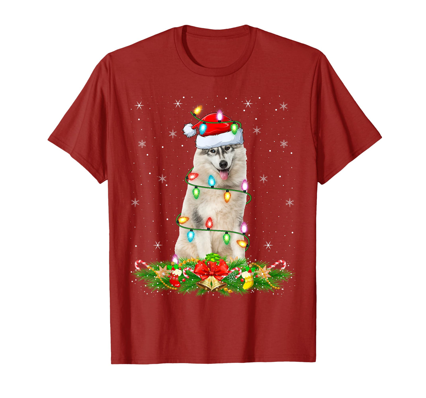 Alaskan Malamute Dog Christmas Lights Funny Santa Hat Xmas T-Shirt