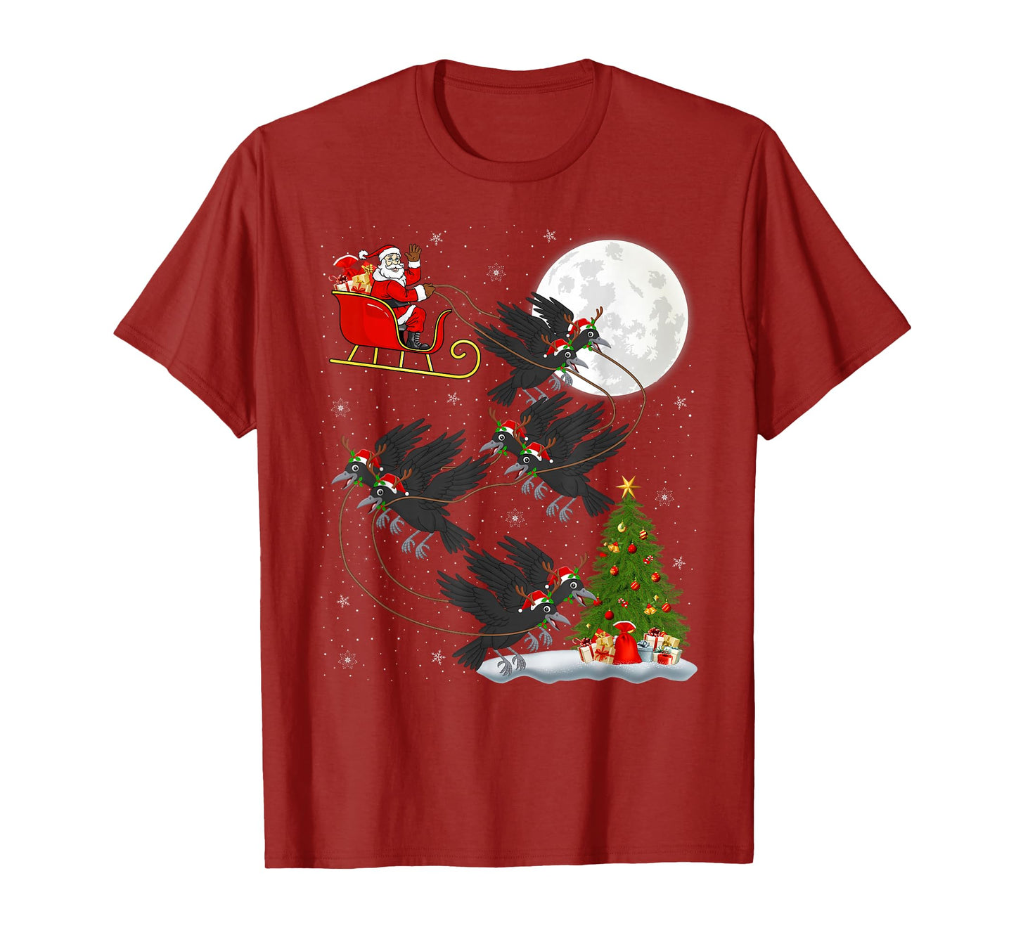 Crow Raven Bird Santa Sleigh Flying Funny Magical Christmas T-Shirt