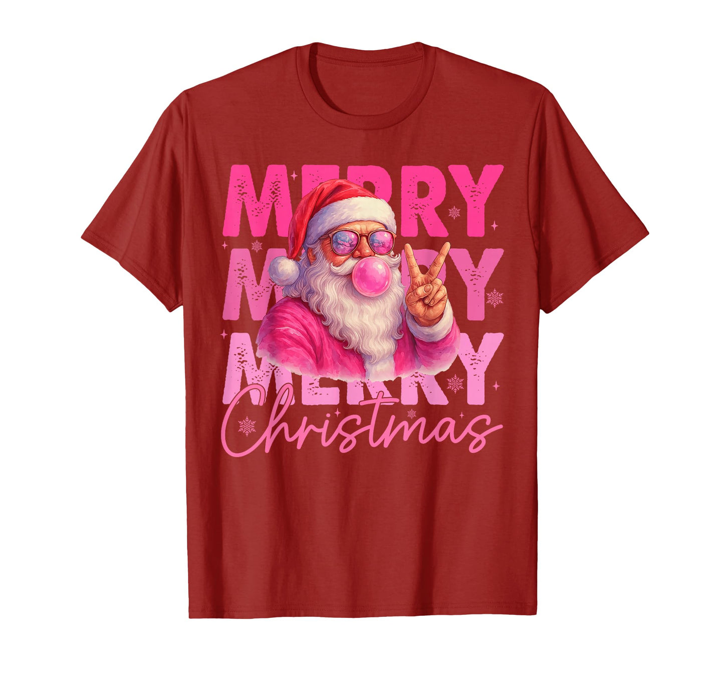 Mery Christmas Santa Claus Blowing Bubble Gum Pink Glasses T-Shirt