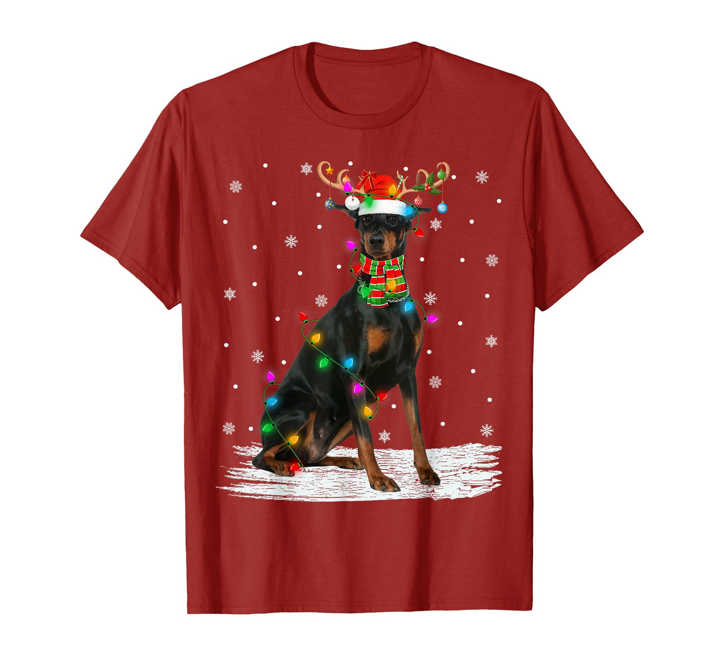 Doberman Pinscher Dog Christmas Lights Reindeer Santa Xmas T-Shirt