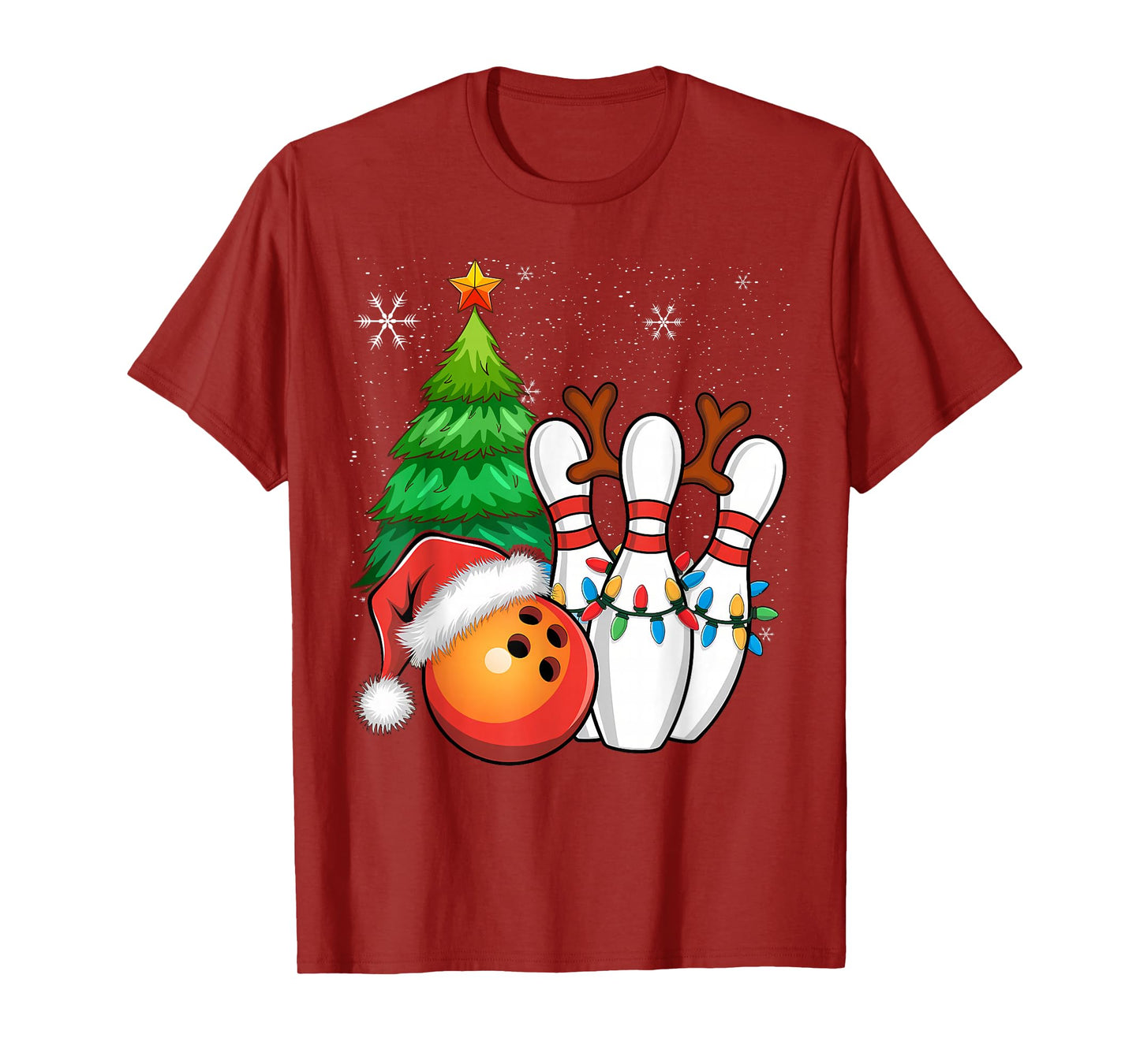 Ball Antlers Christmas Bowling Pins Santa Hat T-Shirt