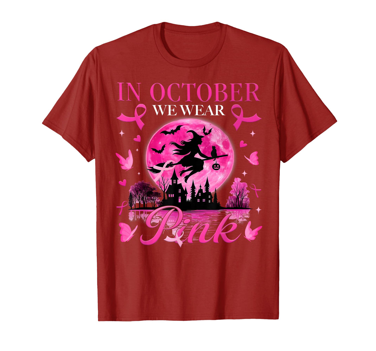 in October We Wear Pink Ribbon Witch Halloween Breast Cancer T-Shirt