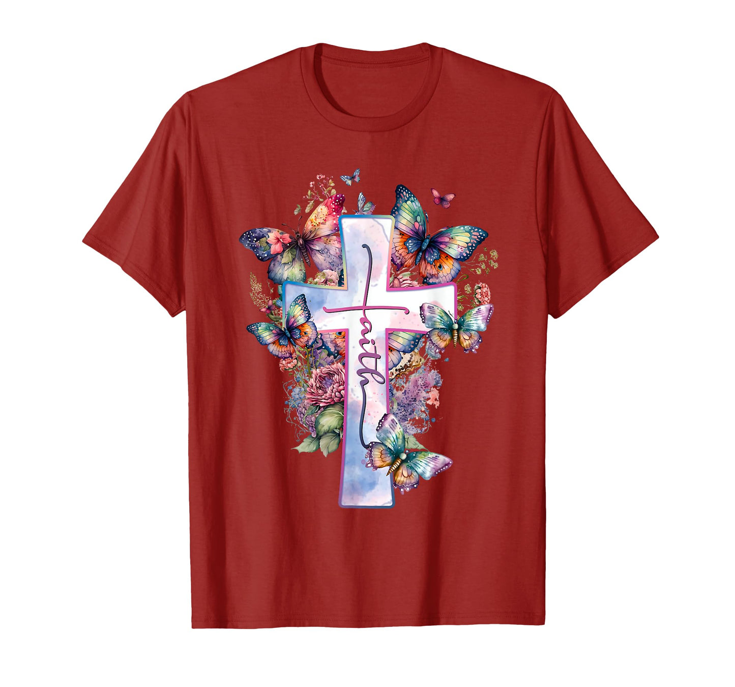 Faith-Cross Floral Butterflies Christ Flowers Religious T-Shirt