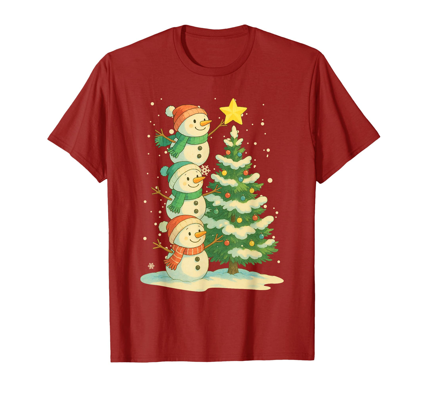 Cute Christmas Snowman Watercolor Xmas Tree Family Pajama T-Shirt