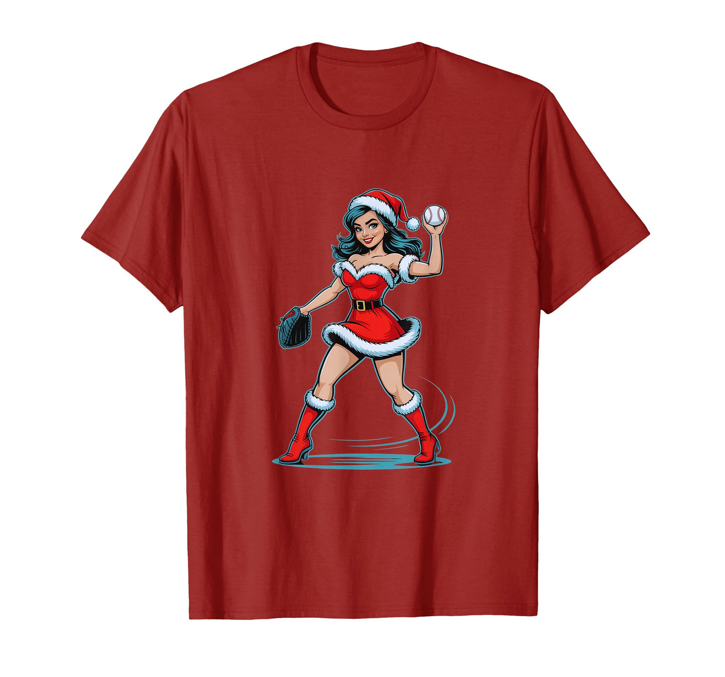 Christmas Baseball Pinup Santa Girl Funny Holiday Sports T-Shirt