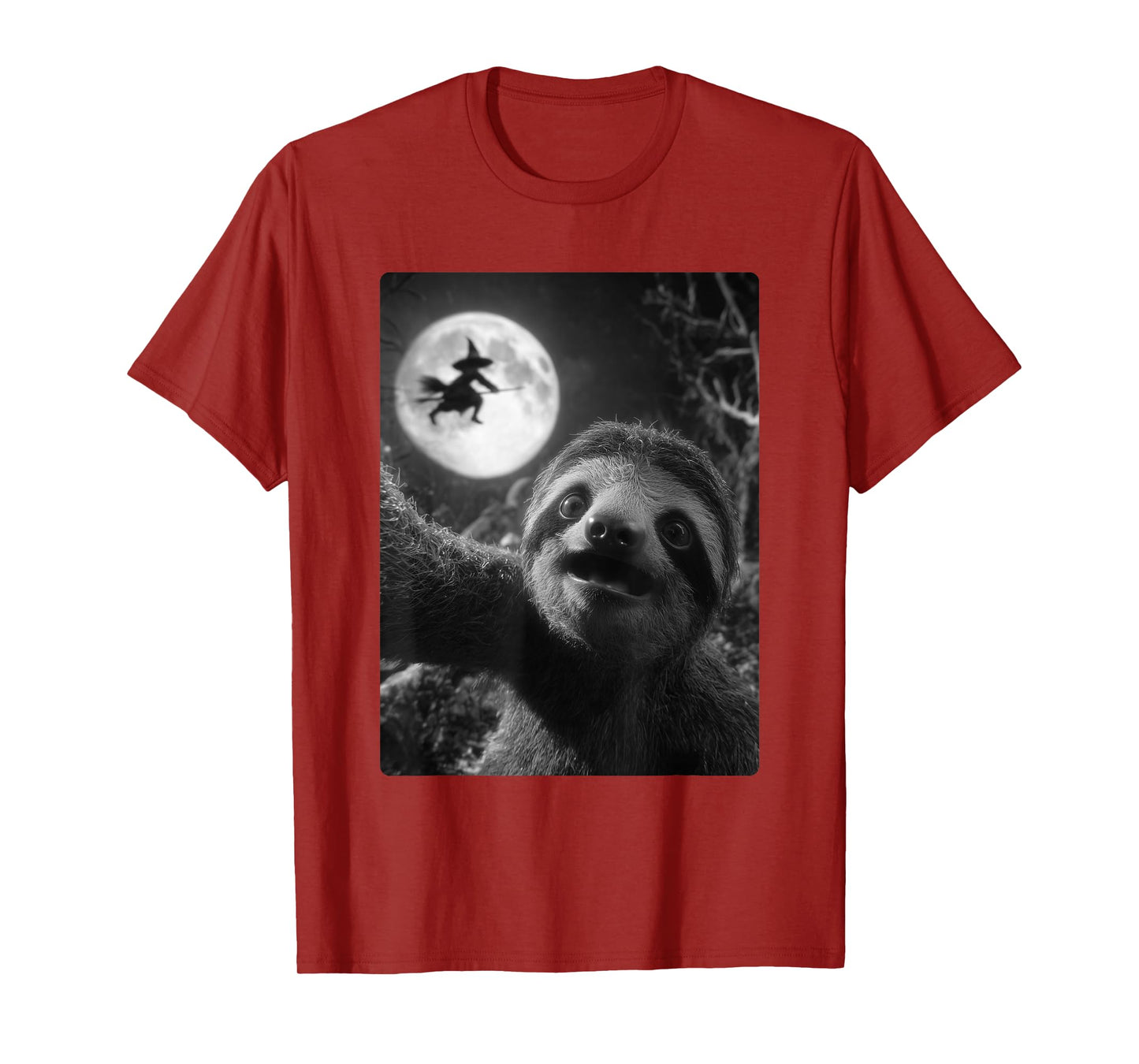 Funny Sloth Selfie Full Moon Flying Witch Forest Halloween T-Shirt