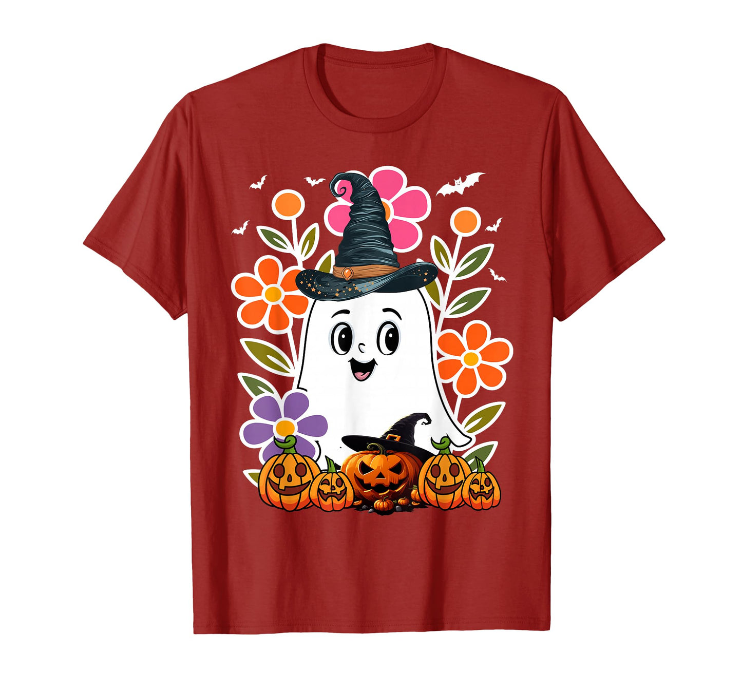Funny Floral Ghost with Vintage Pumpkin Fall Halloween T-Shirt