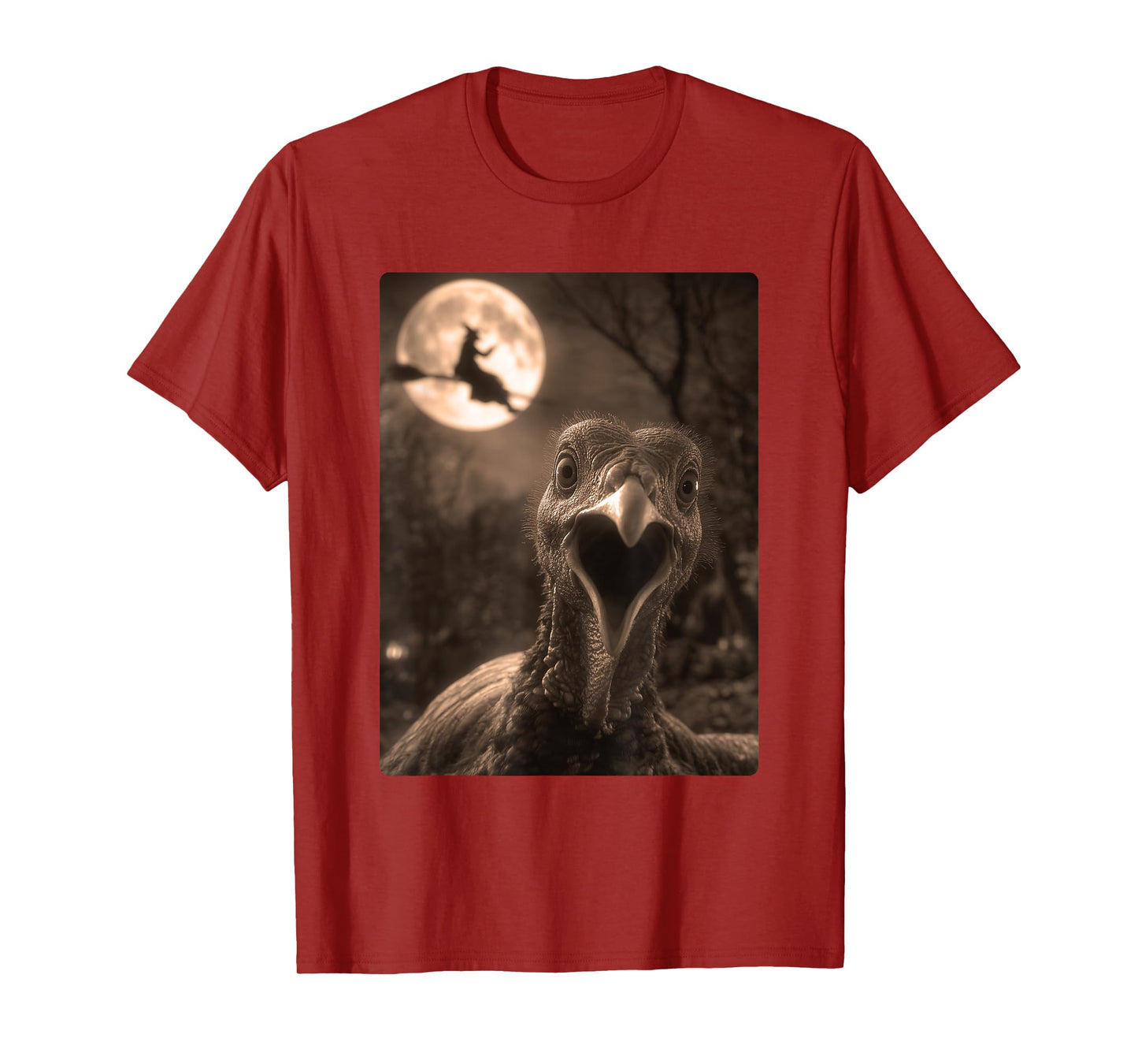 Funny Turkey Selfie Full Moon Flying Witch Forest Halloween T-Shirt