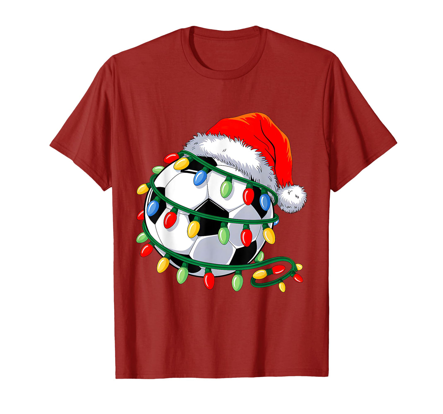 Soccer Ball Santa Hat Men Women Christmas Soccer Xmas Lights T-Shirt