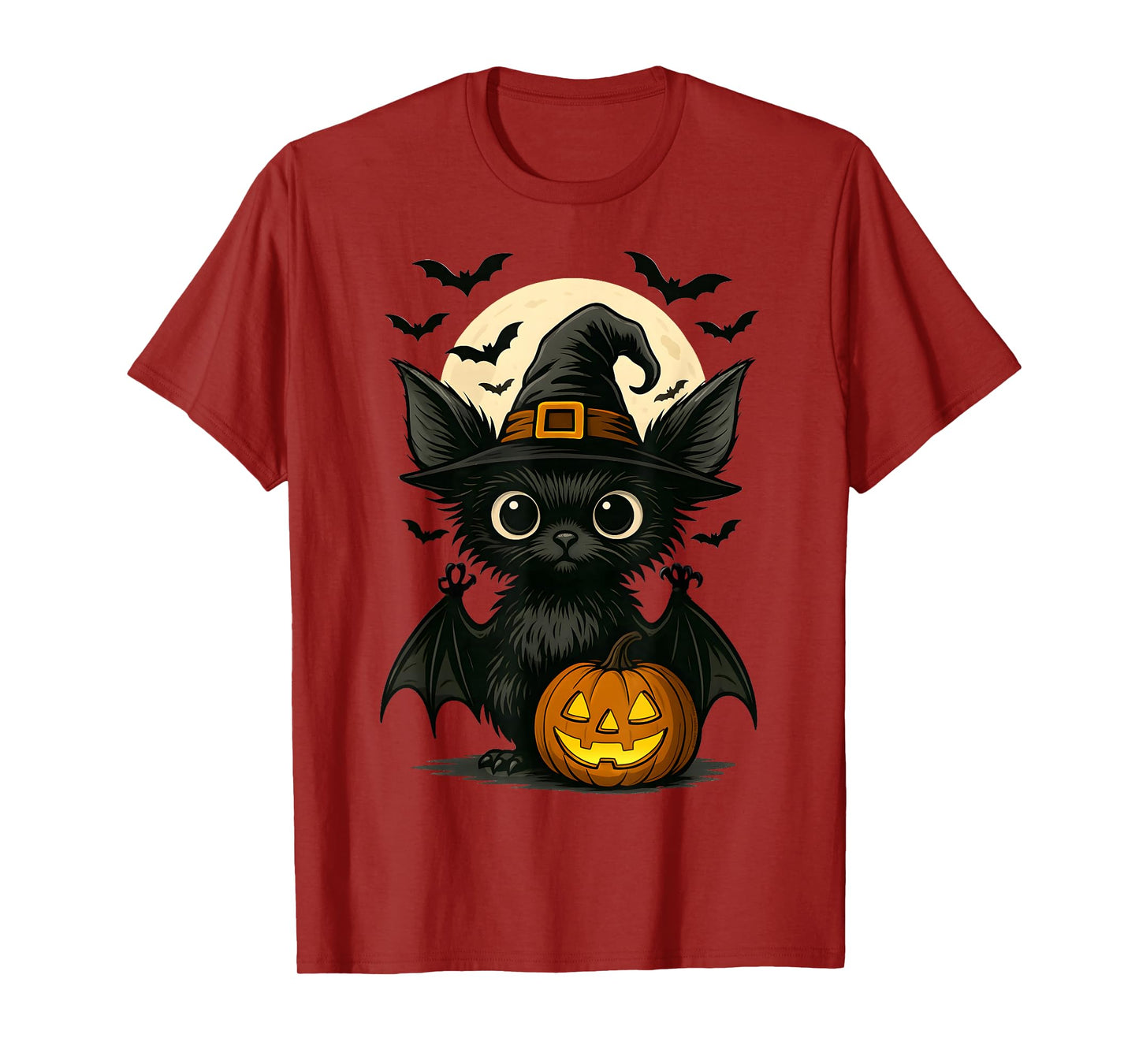 Cute Bat Wearing Witch Hat with Moon and Bats Halloween Bat T-Shirt