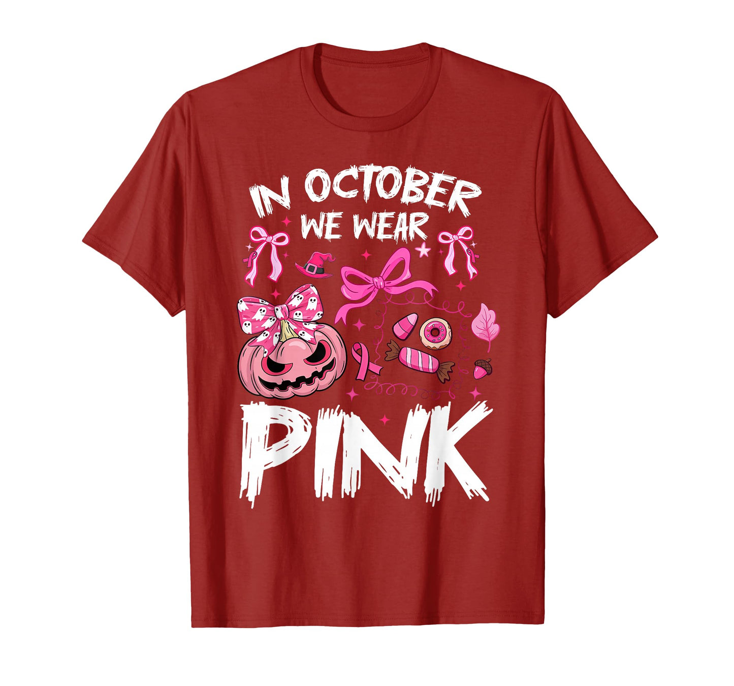 in October We Wear Pink Halloween Pumpkin Breast Cancer Bow T-Shirt