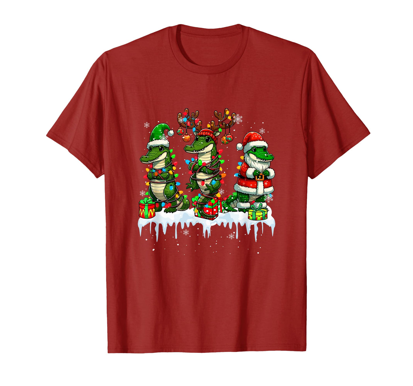 Three Santa Reindeer Elf Crocodiles Xmas Colorful Lights T-Shirt