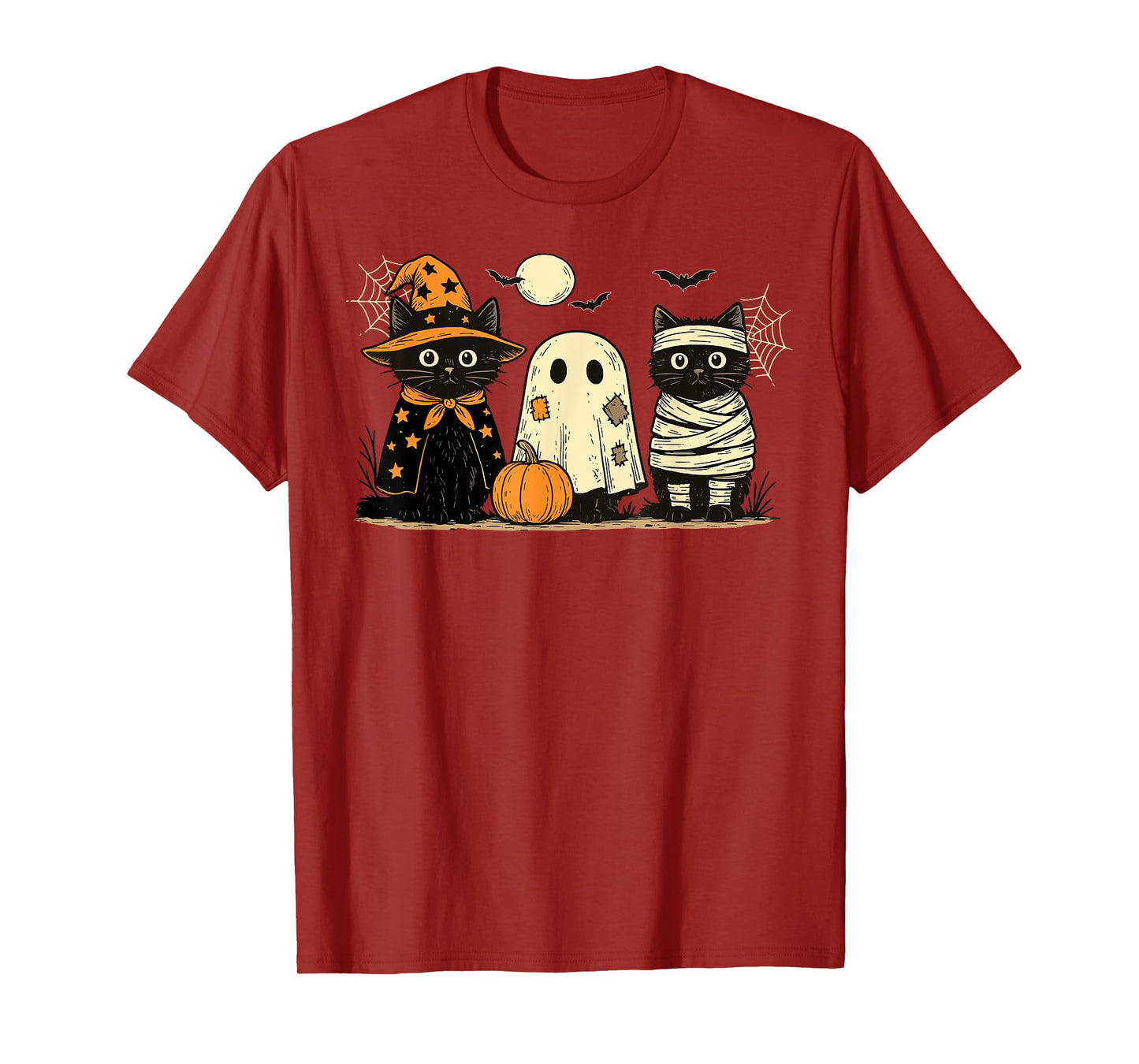 Retro Black Cat Witch Scary Halloween Pumpkin Women Men Kids T-Shirt