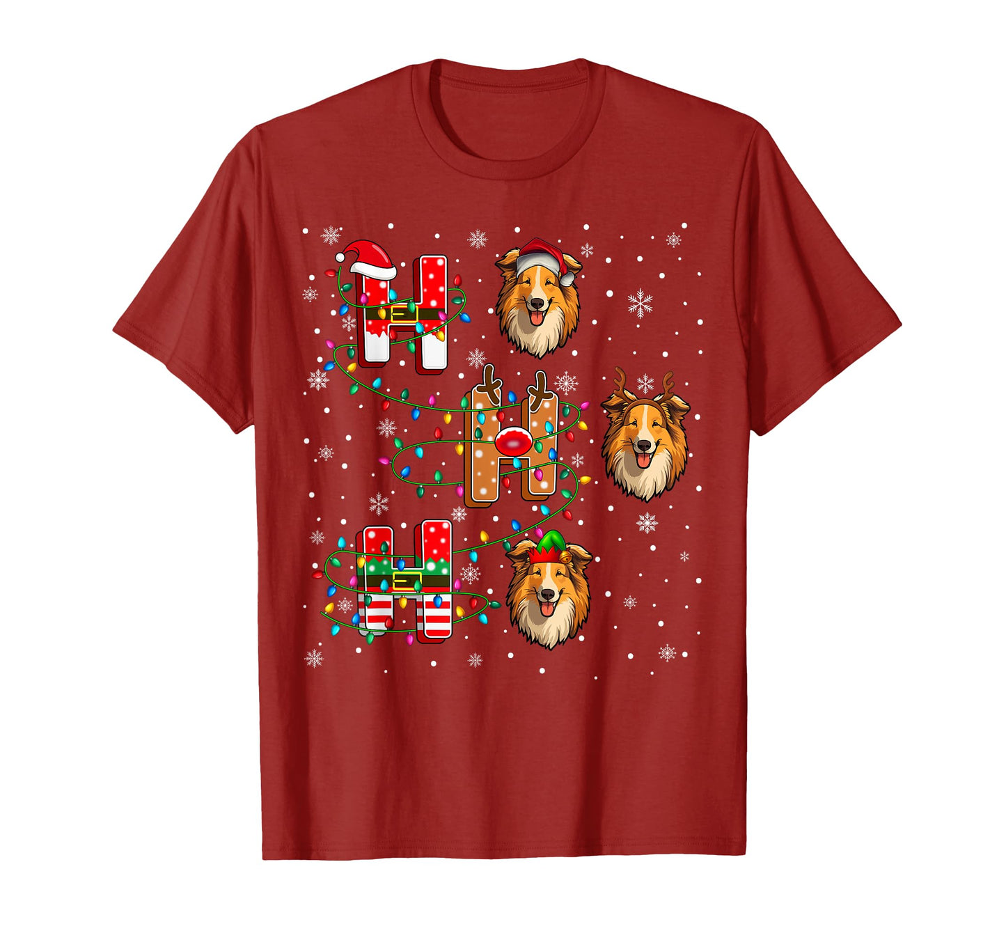 Ho Ho Ho Santa Reindeer Elf Matching Rough Collie Dog Xmas T-Shirt