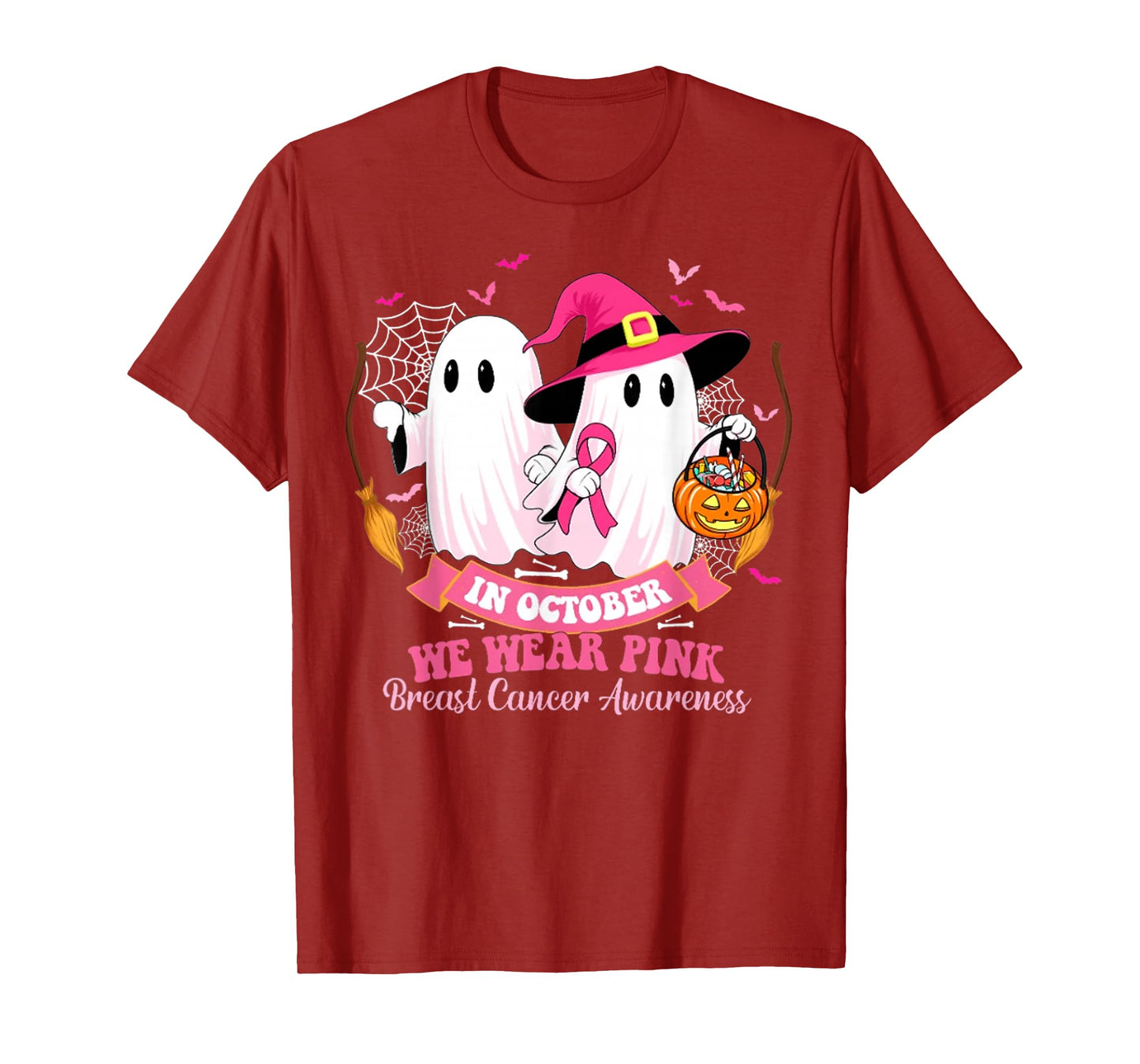 in October We Wear Pink Ghost Witch Breast Cancer Awareness T-Shirt