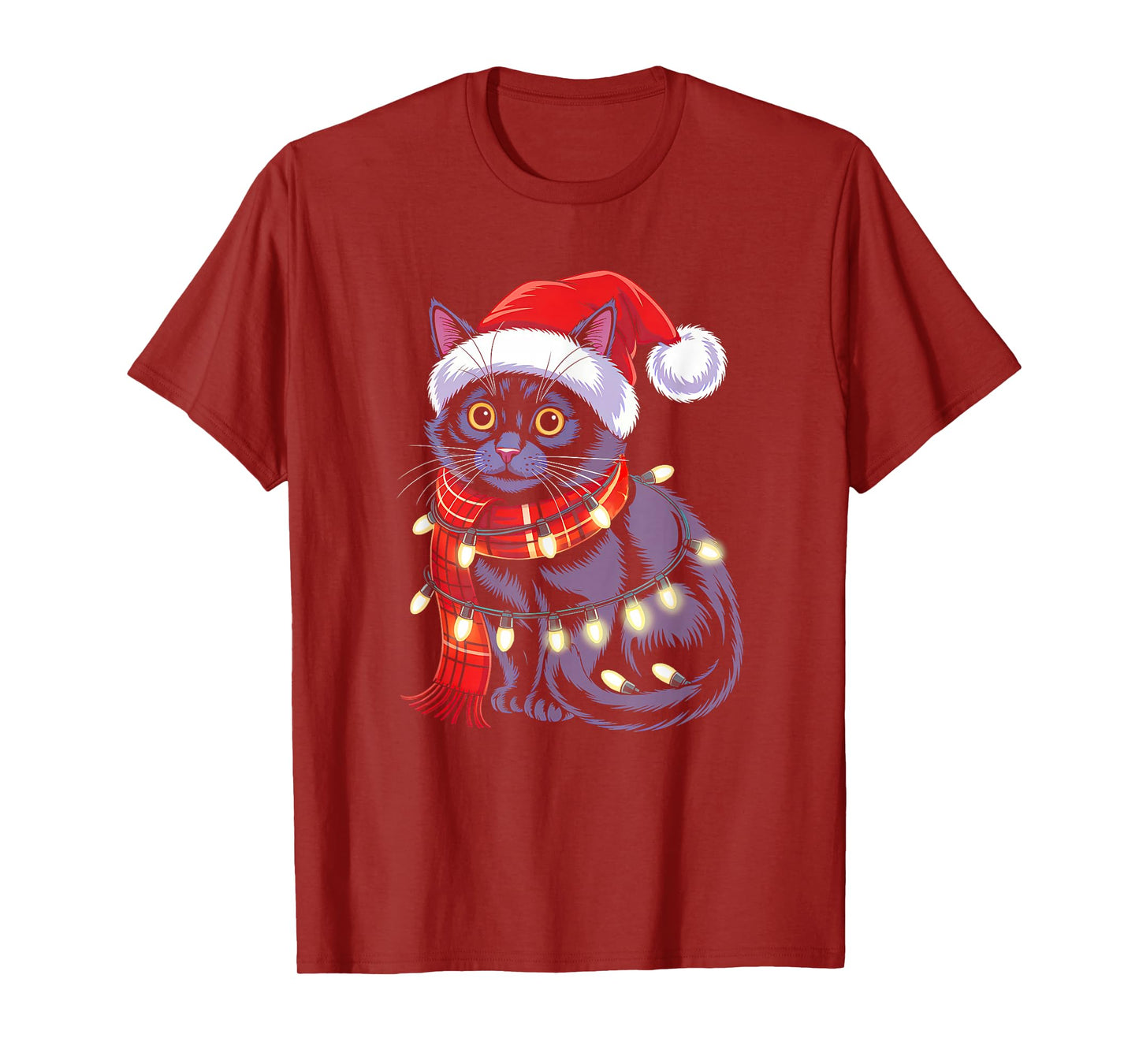 Black Cat Christmas Lights Red Santa Hat Family Xmas Pajamas T-Shirt