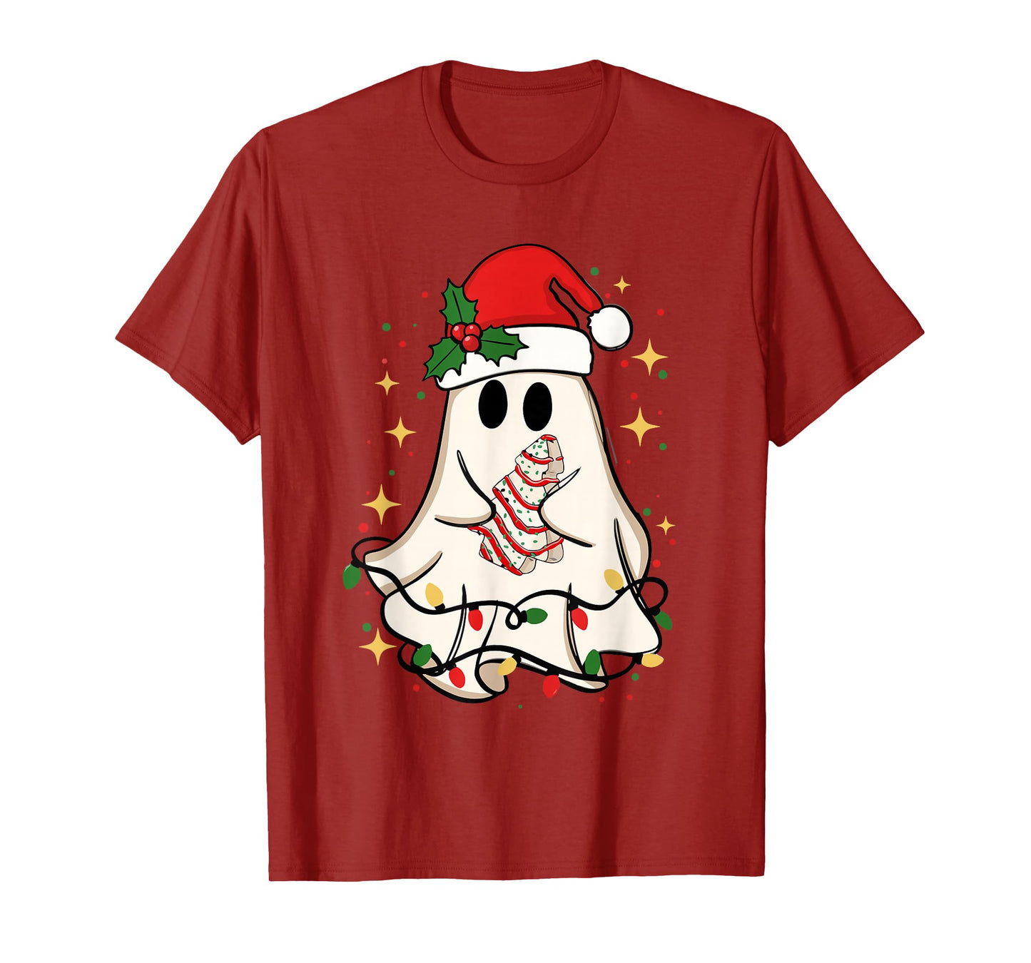 Cute Ghost Lights Tree Cake Merry Christmas Funny Xmas T-Shirt