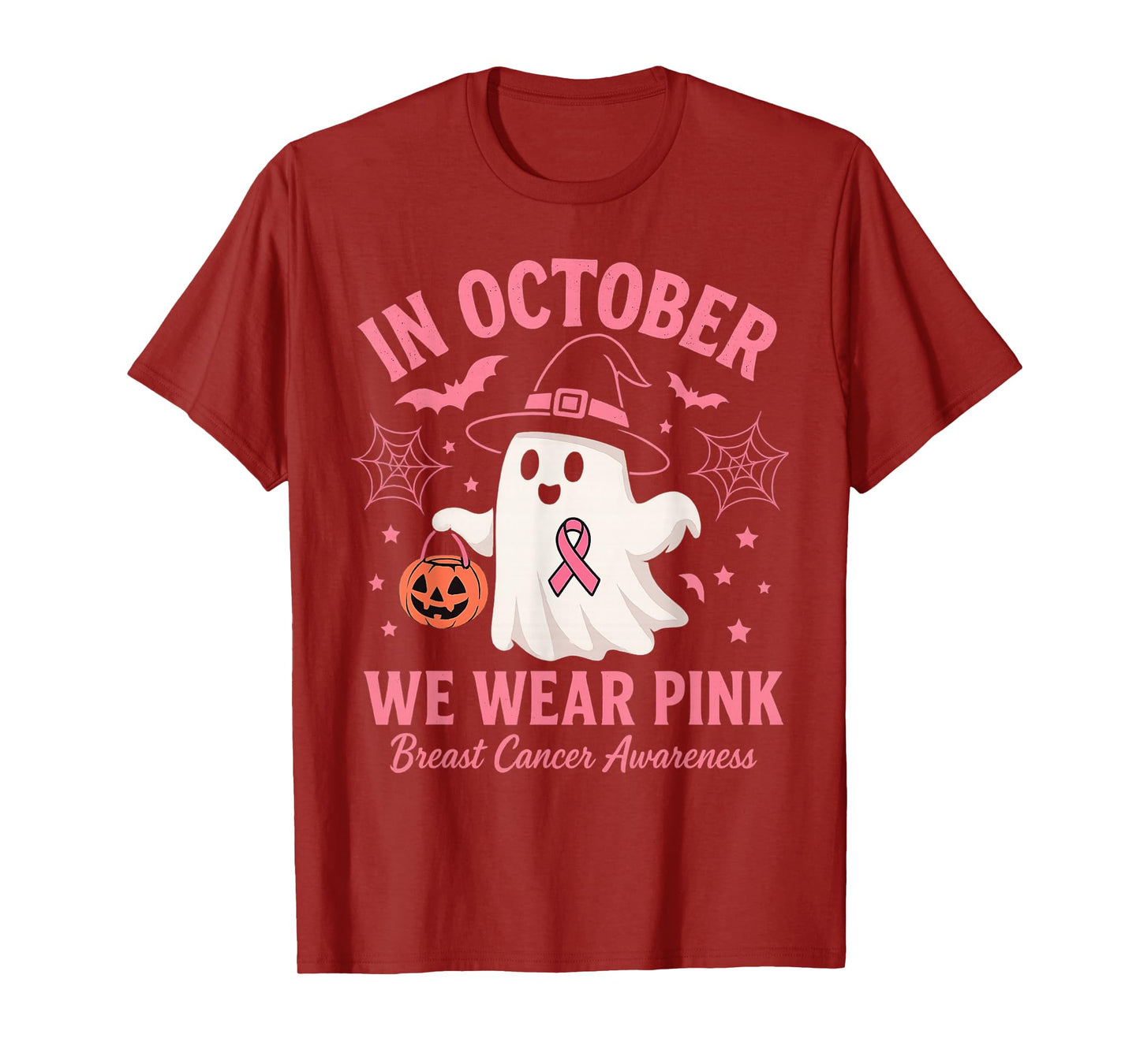 in October We Wear Pink Ghost Witch Breast Cancer Awareness T-Shirt
