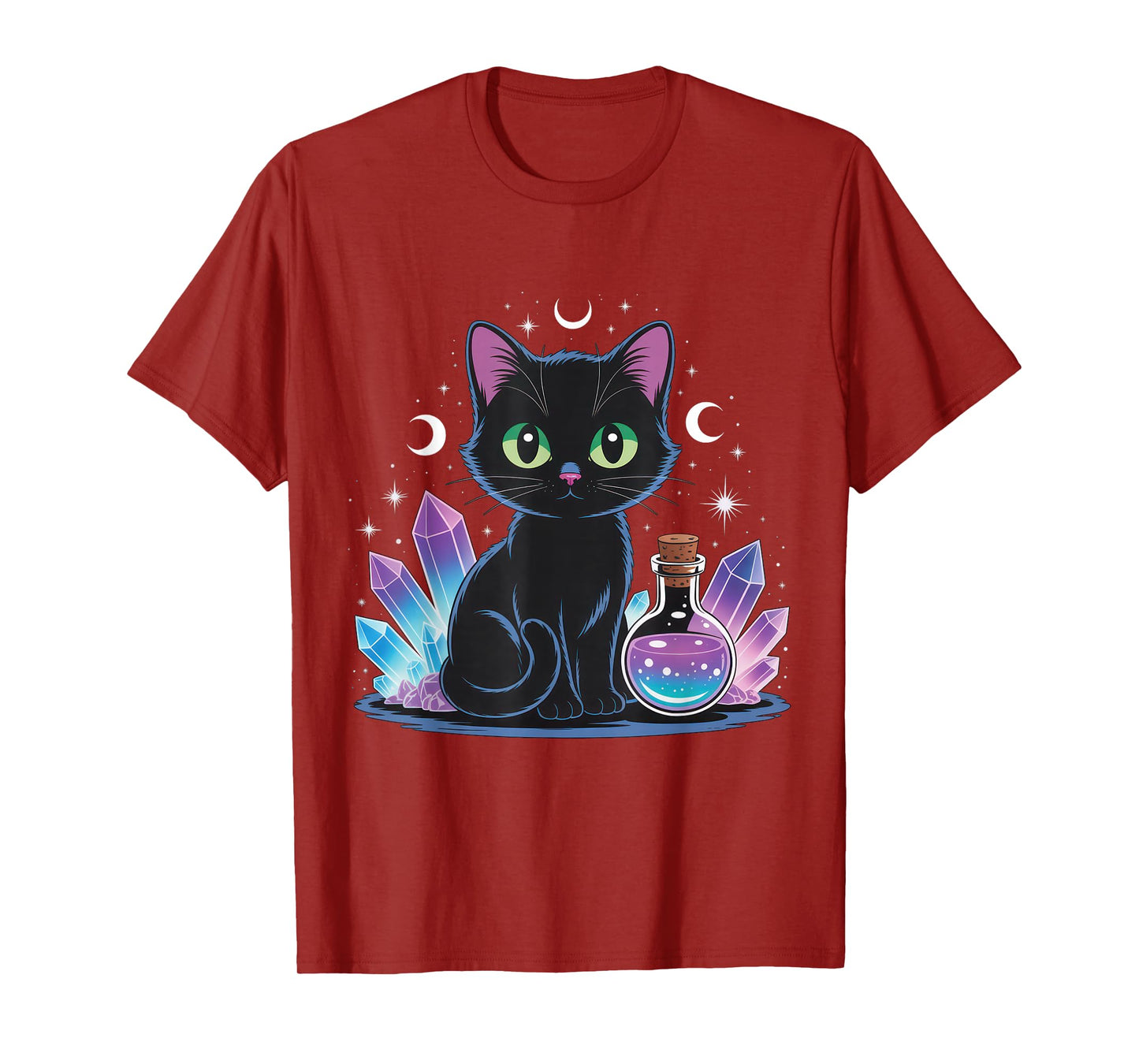 Black Cat Crystals Potion Bottle Moon Mystic Witchy Vibes T-Shirt