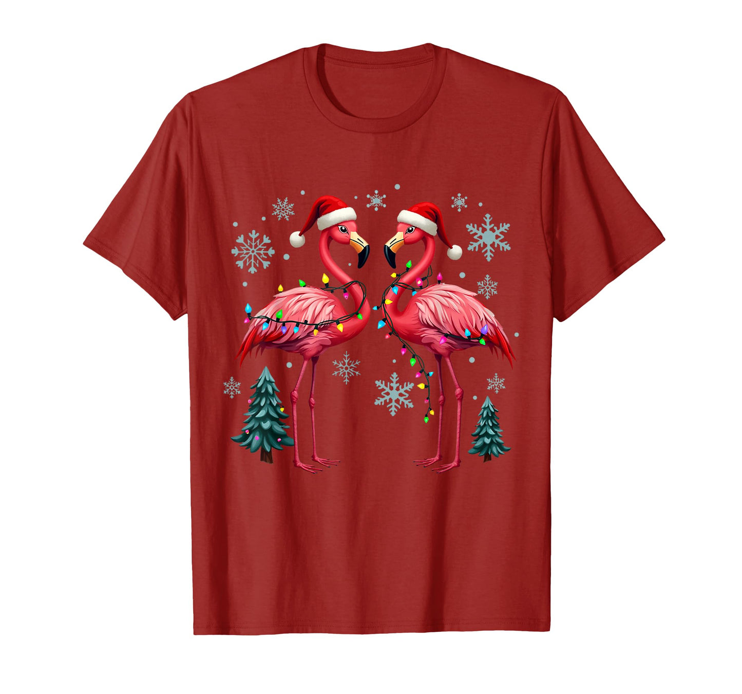 Pink Flamingo Santa Hat Christmas Tree Lights Flamingo Lover T-Shirt
