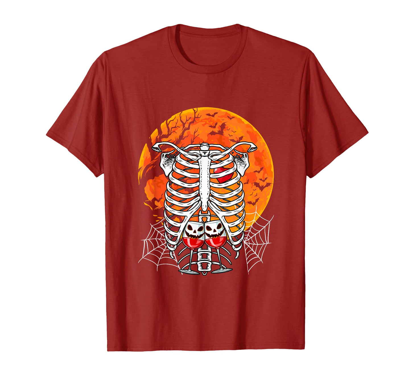 Horror Wine Glasses Inside Rib Cage X-ray Skeleton Halloween T-Shirt