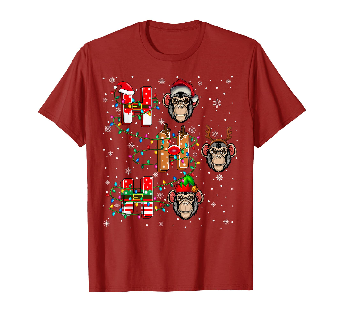 Ho Ho Ho Santa Reindeer Hat Elf Chimpanzee Animal Christmas T-Shirt