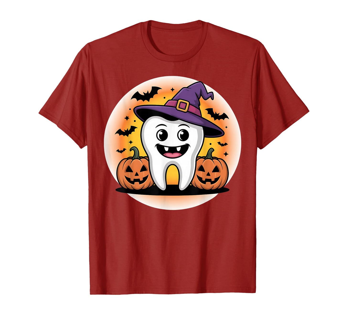 Halloween Tooth with Witch Hat and Pumpkins Design T-Shirt