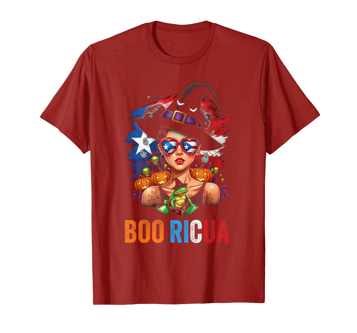 Puerto Rico Boo Ricua Halloween Witch and Frog Design T-Shirt