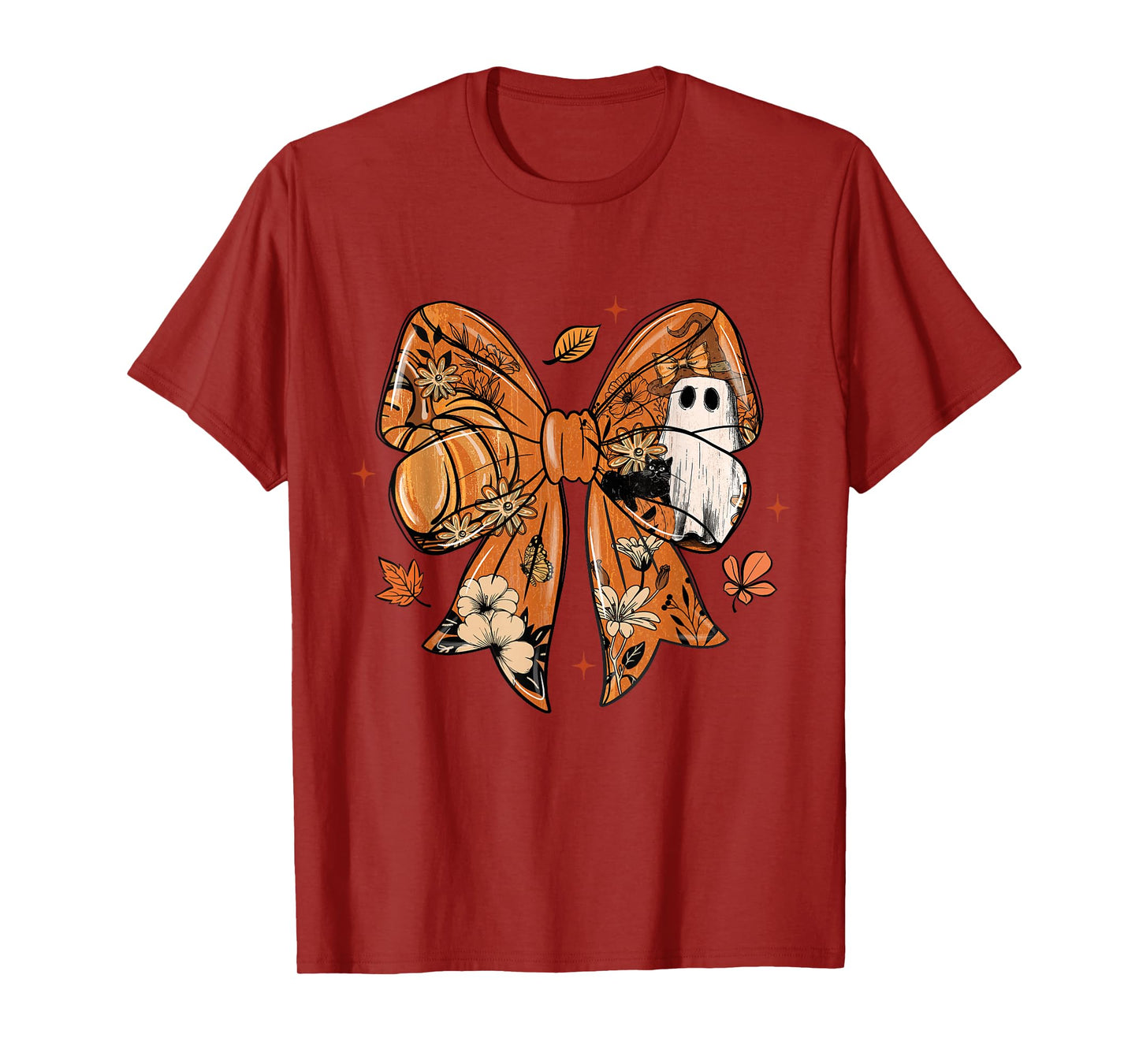 Retro Bow Ghost Witch Cat Pumpkin Flowers Halloween T-Shirt