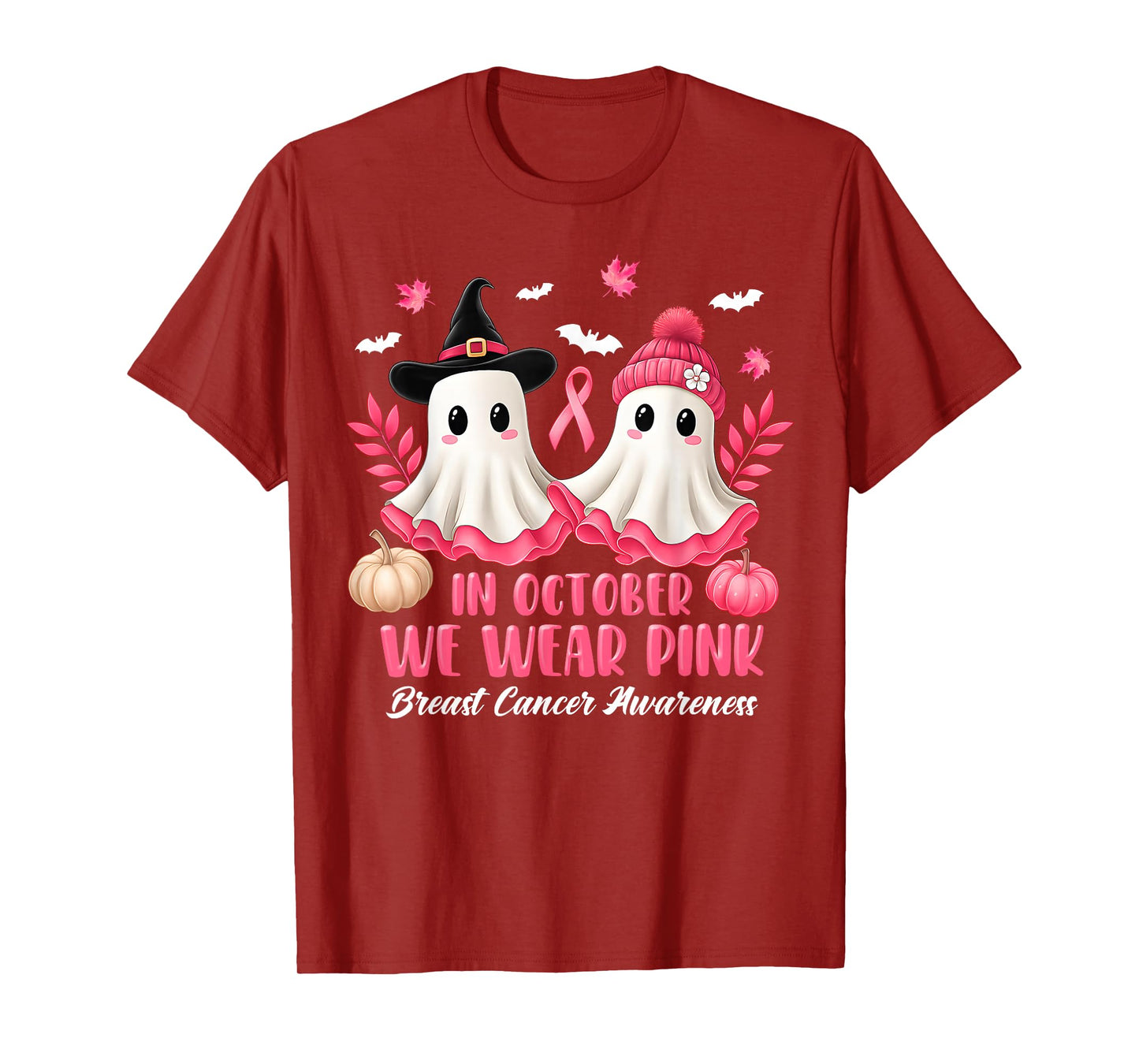 in October We Wear Pink Ghost Witch Breast Cancer Awareness T-Shirt