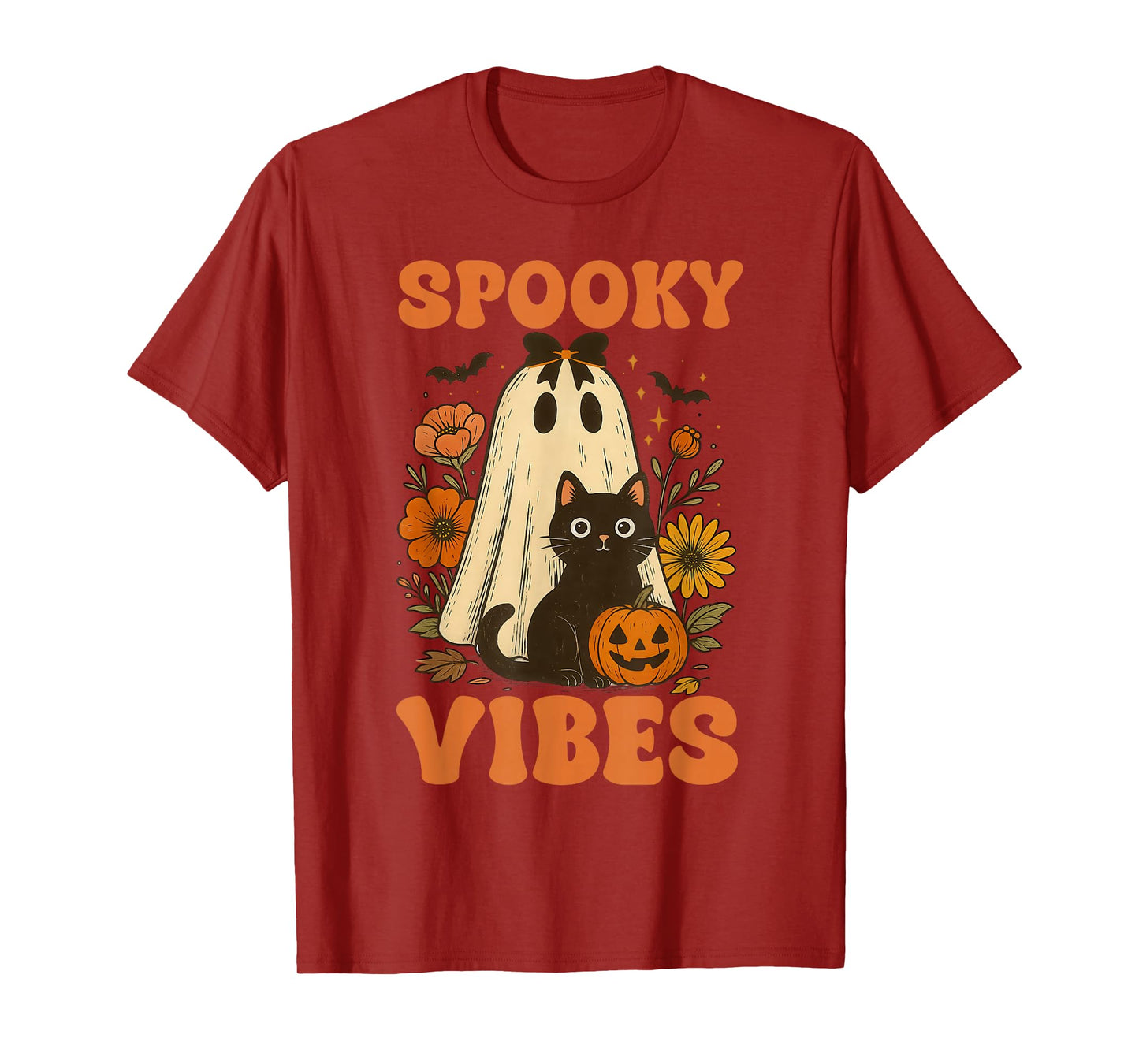 Vintage Halloween Ghost Holding Black Cat Groovy Floral T-Shirt
