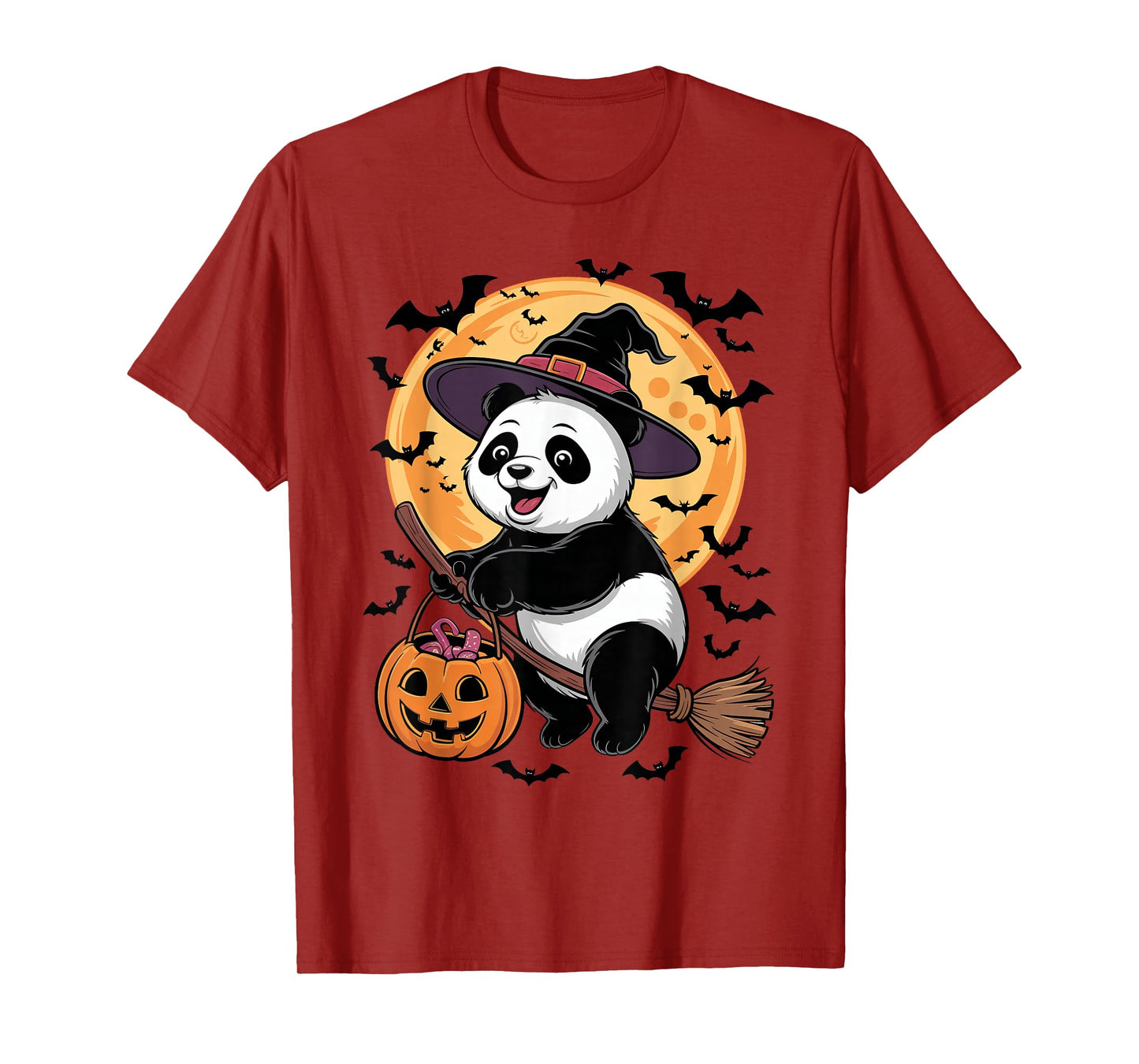 Panda in Witch Hat on a Broom Halloween Spooky Costume T-Shirt