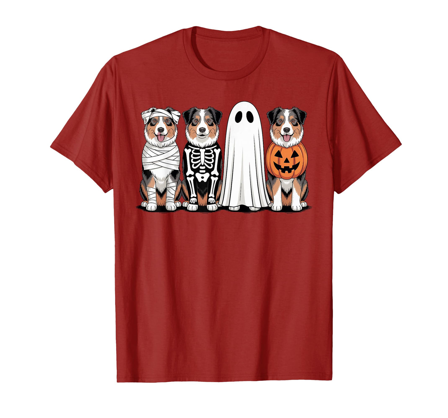 Spooky Ghost Australian Shepherd Pumpkin Halloween Skeleton T-Shirt
