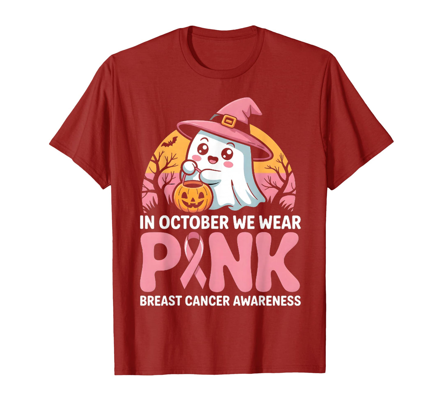 in October We Wear Pink Ghost Witch Breast Cancer Awareness T-Shirt