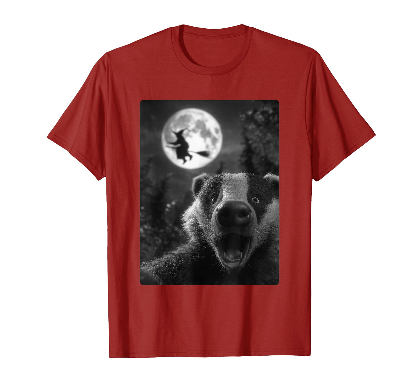 Funny Badger Selfie Full Moon Flying Witch Forest Halloween T-Shirt
