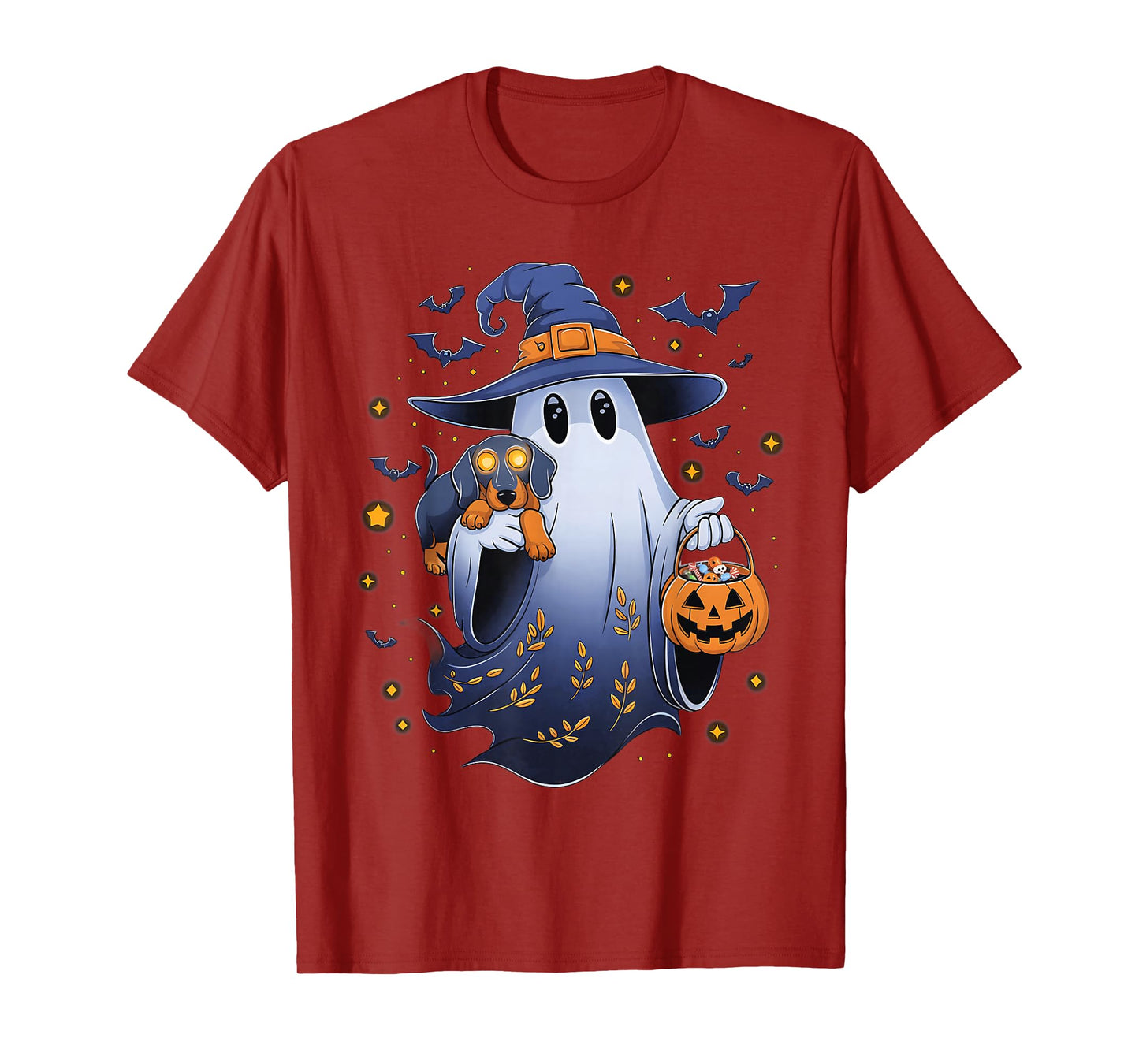 Ghost Witch Holding Dachshund Dog Pumpkins Vintage Halloween T-Shirt