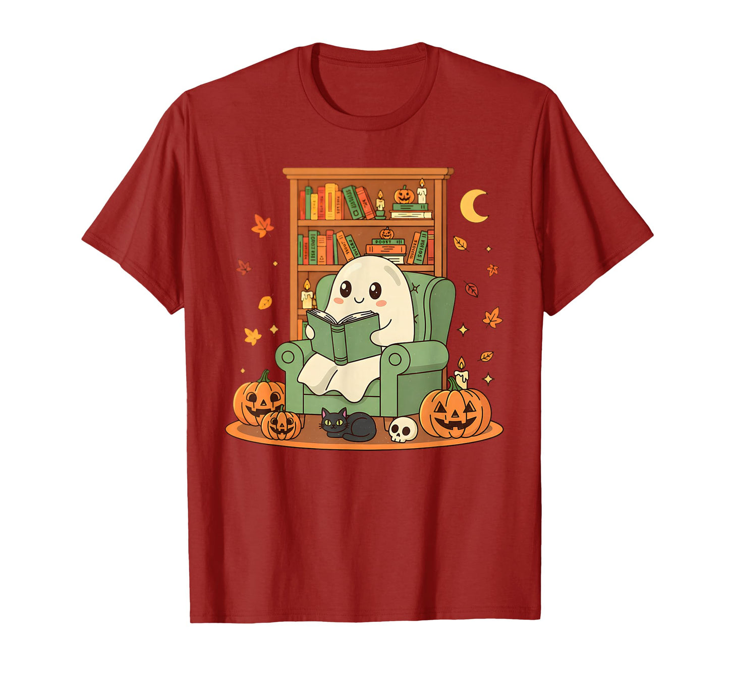 Ghost Library Reading Books Halloween Men Women Kids T-Shirt