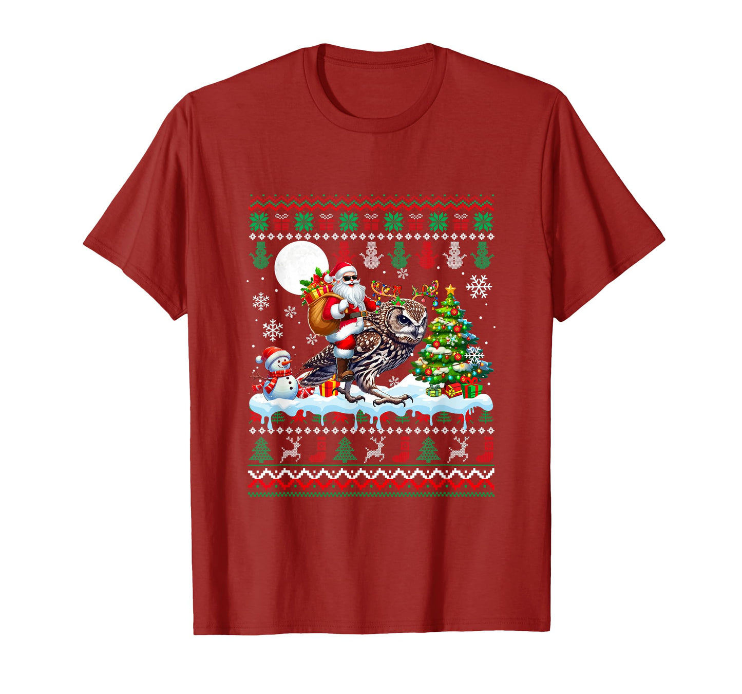 Santa Riding Reindeer Owl Sweater Xmas Tree Snowman T-Shirt