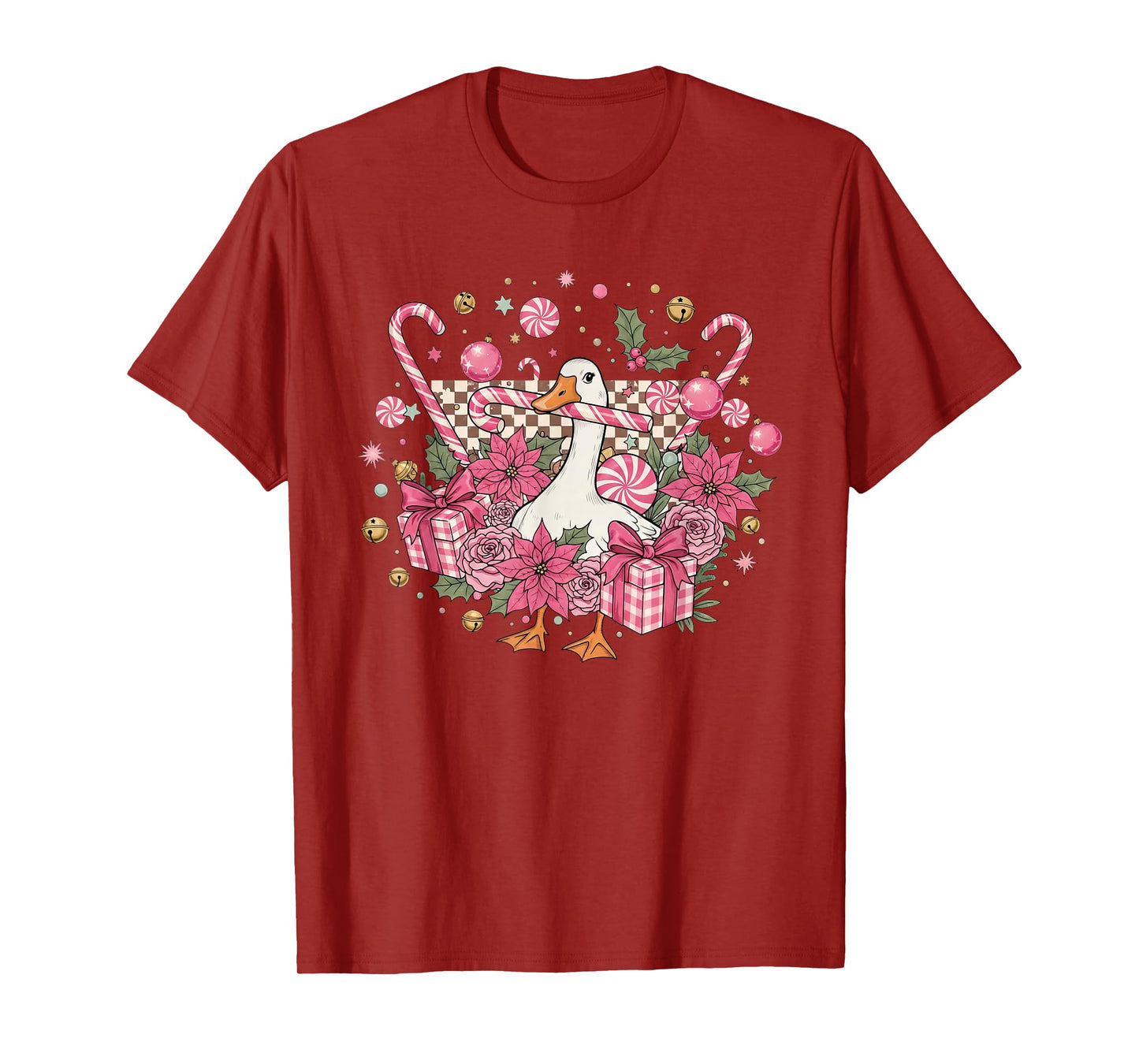 Coquette Christmas Pink Retro Cute Goose Checkered Funny T-Shirt