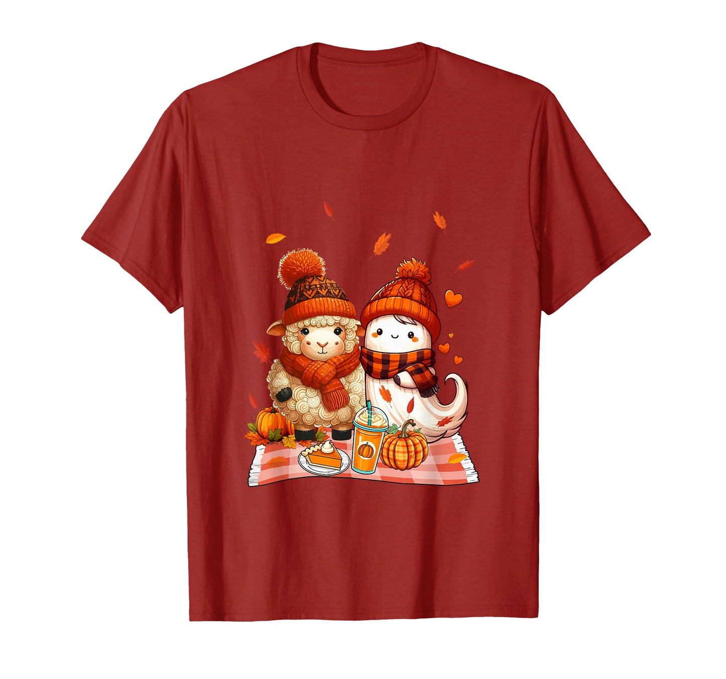 Sheep with Boo Halloween Thanksgiving Fall Leaves Pumpkins T-Shirt