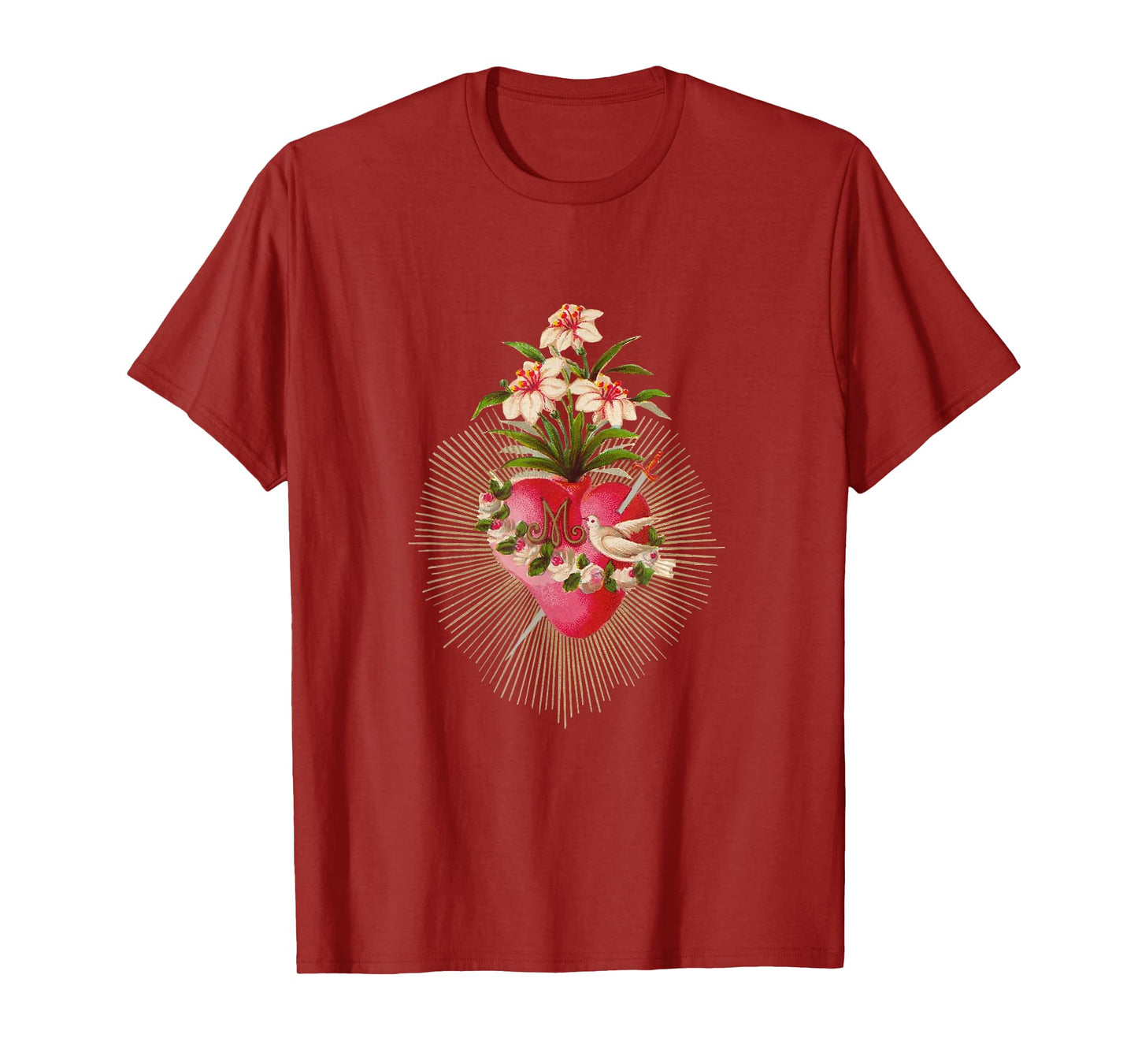 Immaculate Heart of Mary Vintage Lilies and Dove Catholic T-Shirt