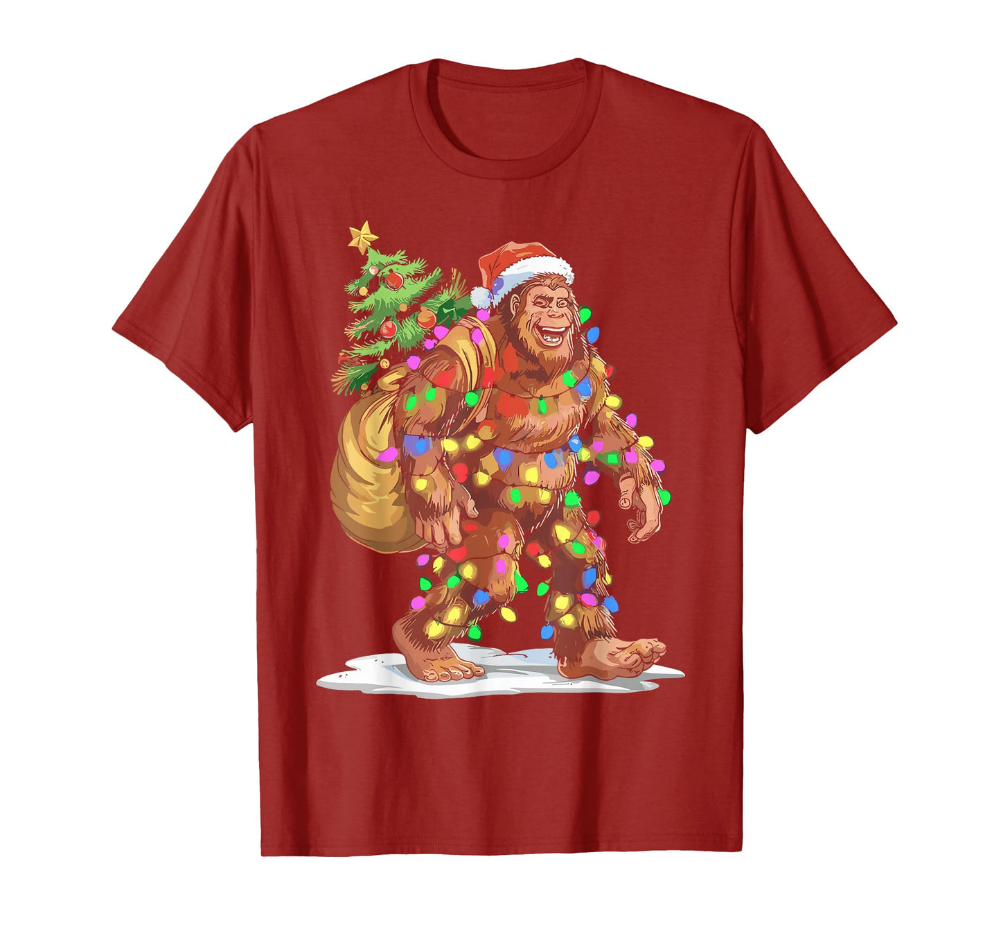 Santa Bigfoot Christmas Lights Funny Sasquatch Believe Xmas T-Shirt