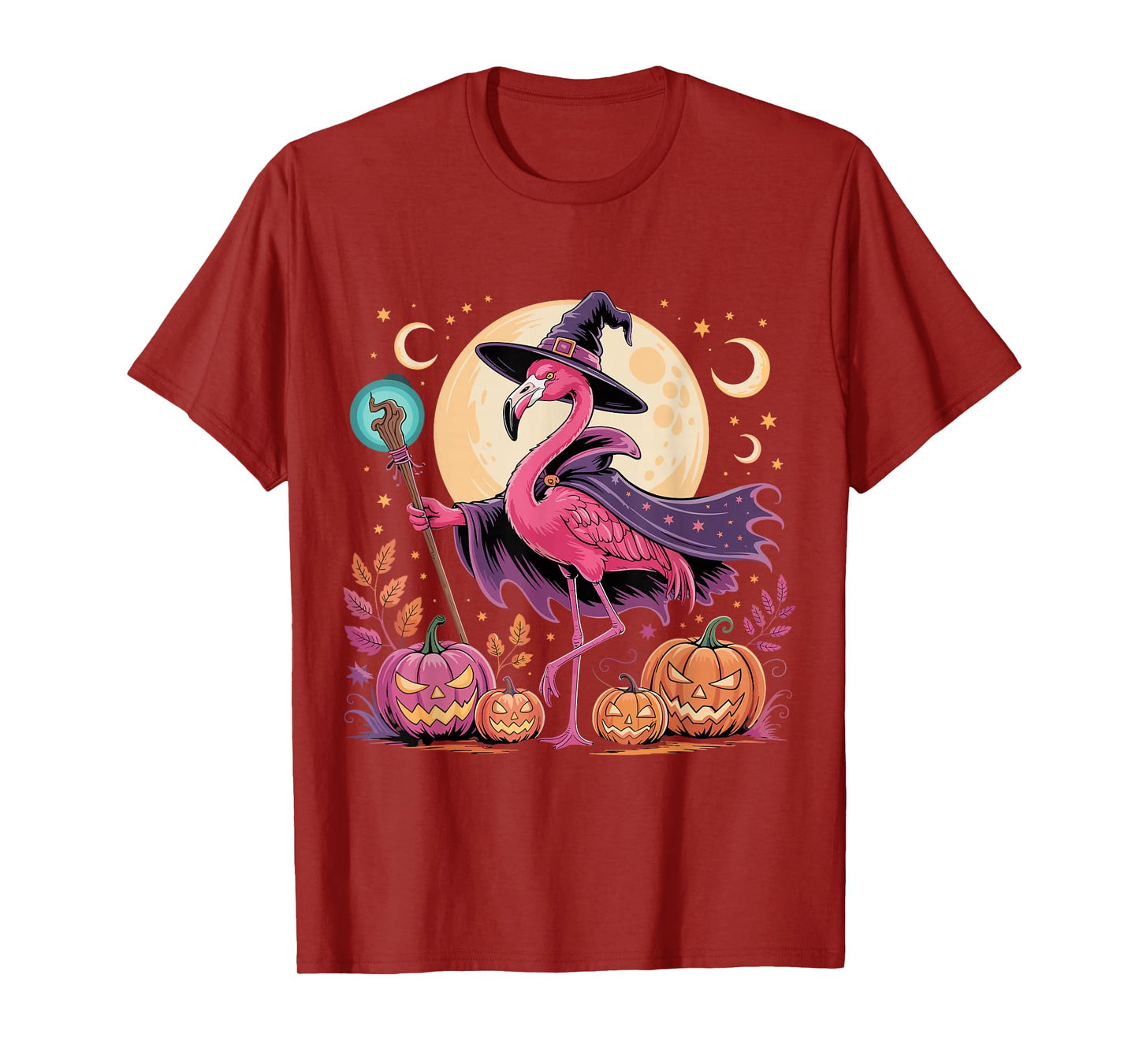 Halloween Flamingo Witch Under Moonlight – Autumn Pumpkin T-Shirt