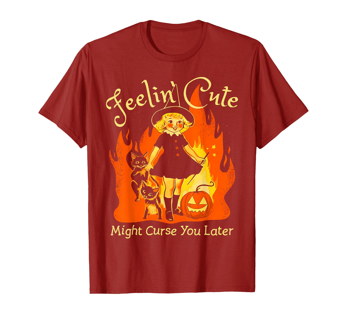 Feelin Cute Might Curse You Later Retro Witch Cat Halloween T-Shirt