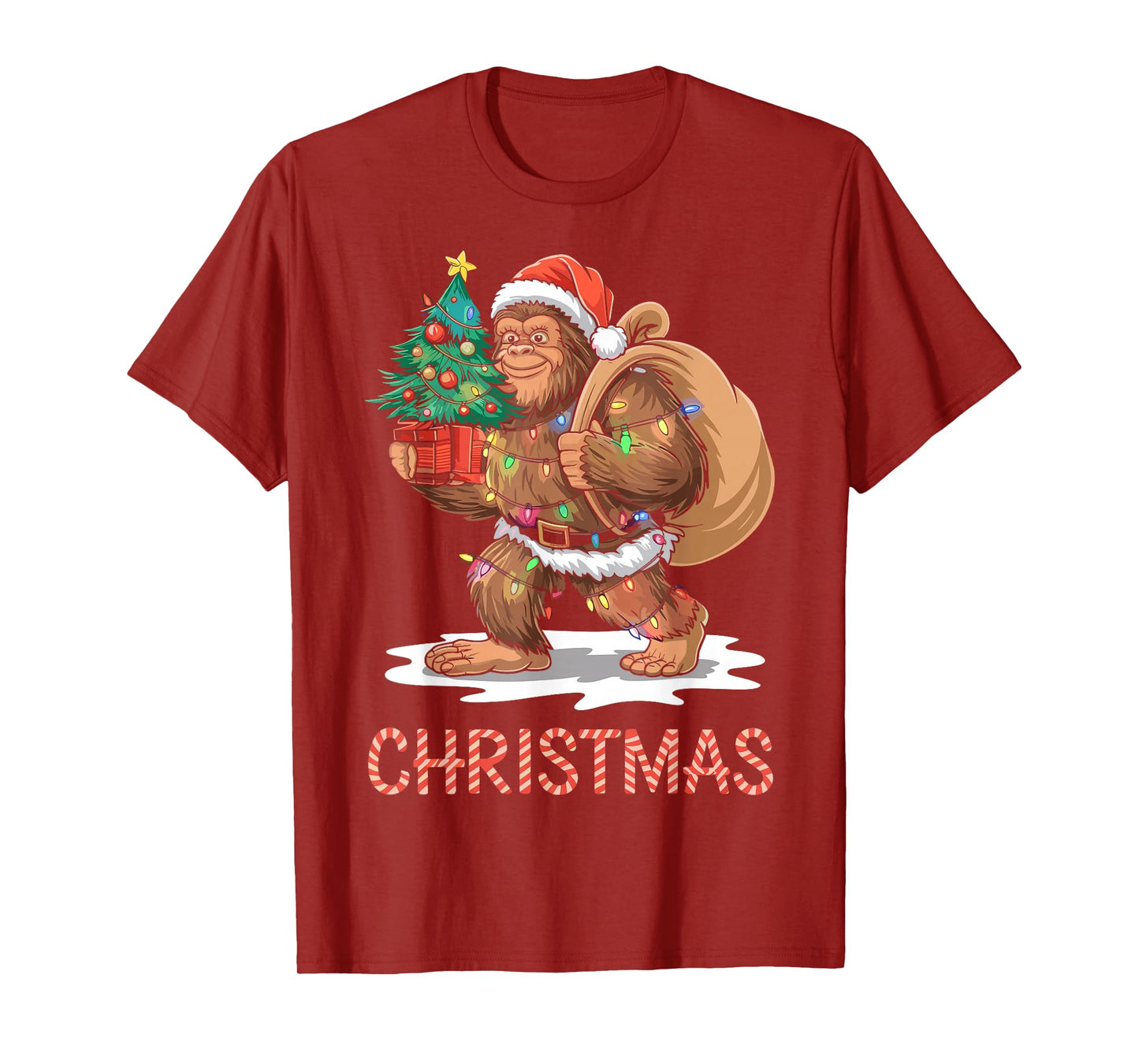 Santa Bigfoot Christmas Lights Funny Sasquatch Believe Xmas T-Shirt