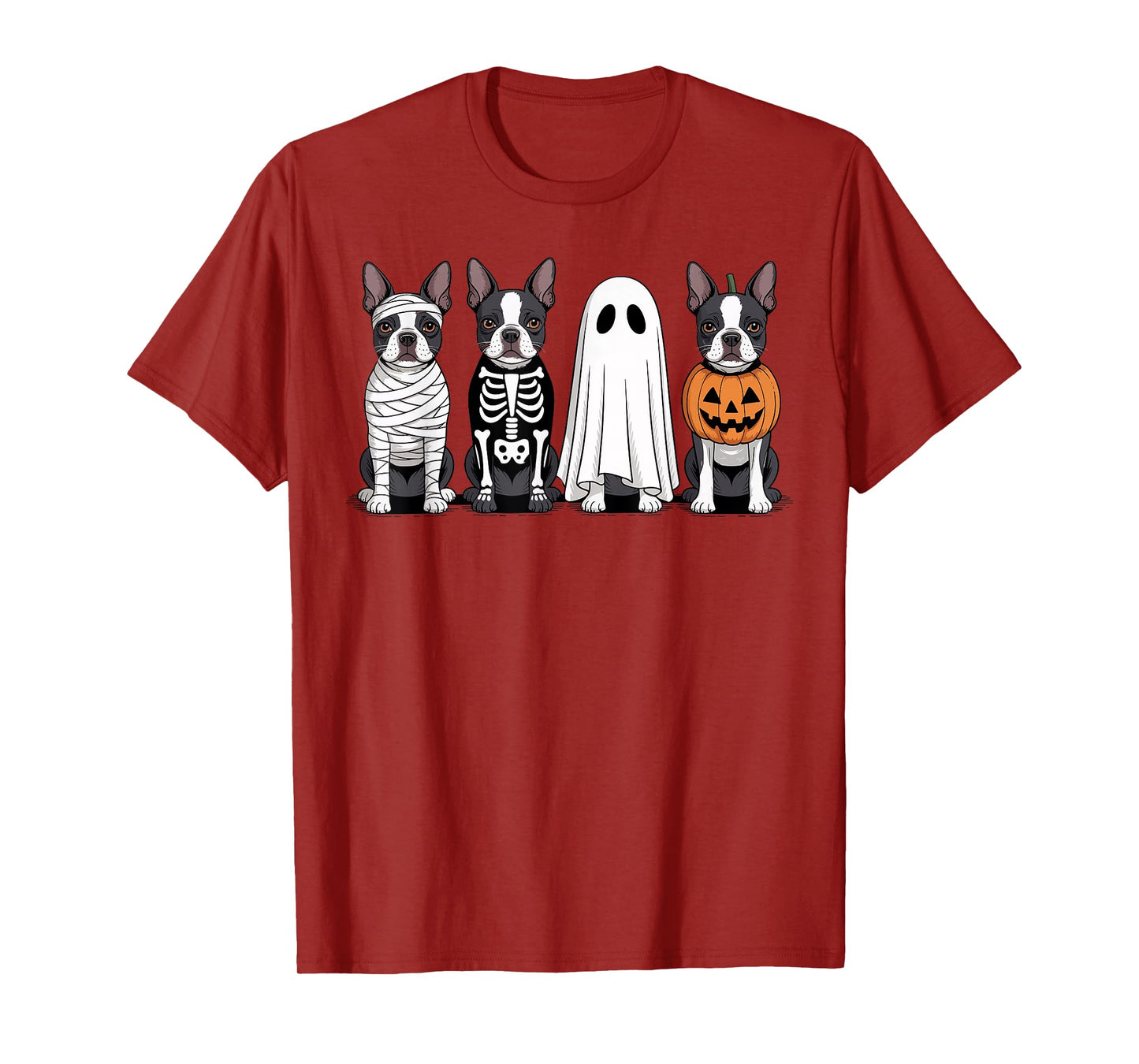 Spooky Ghost Boston Terrier Pumpkin Halloween Dog Skeleton T-Shirt