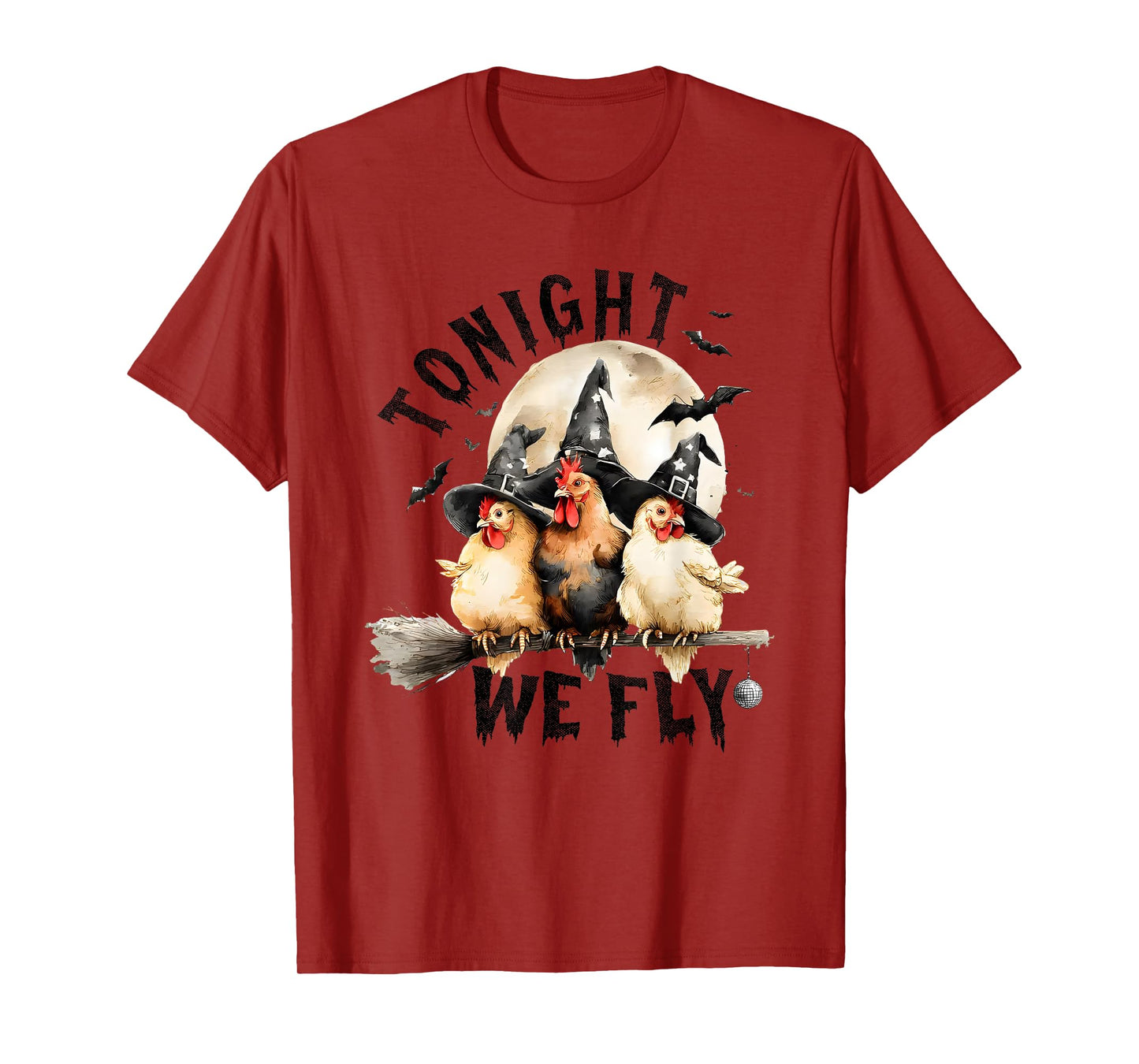 Tonight We Fly Halloween, Retro Chicken Witches Hat Broom T-Shirt