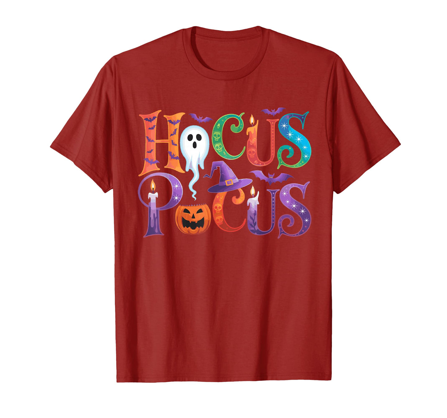 Hocus Pocus Halloween Typeface Ghostly Bats Candles Pumpkin T-Shirt