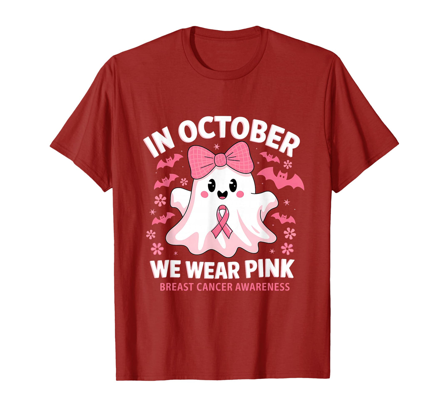 in October We Wear Pink Ghost Witch Breast Cancer Awareness T-Shirt